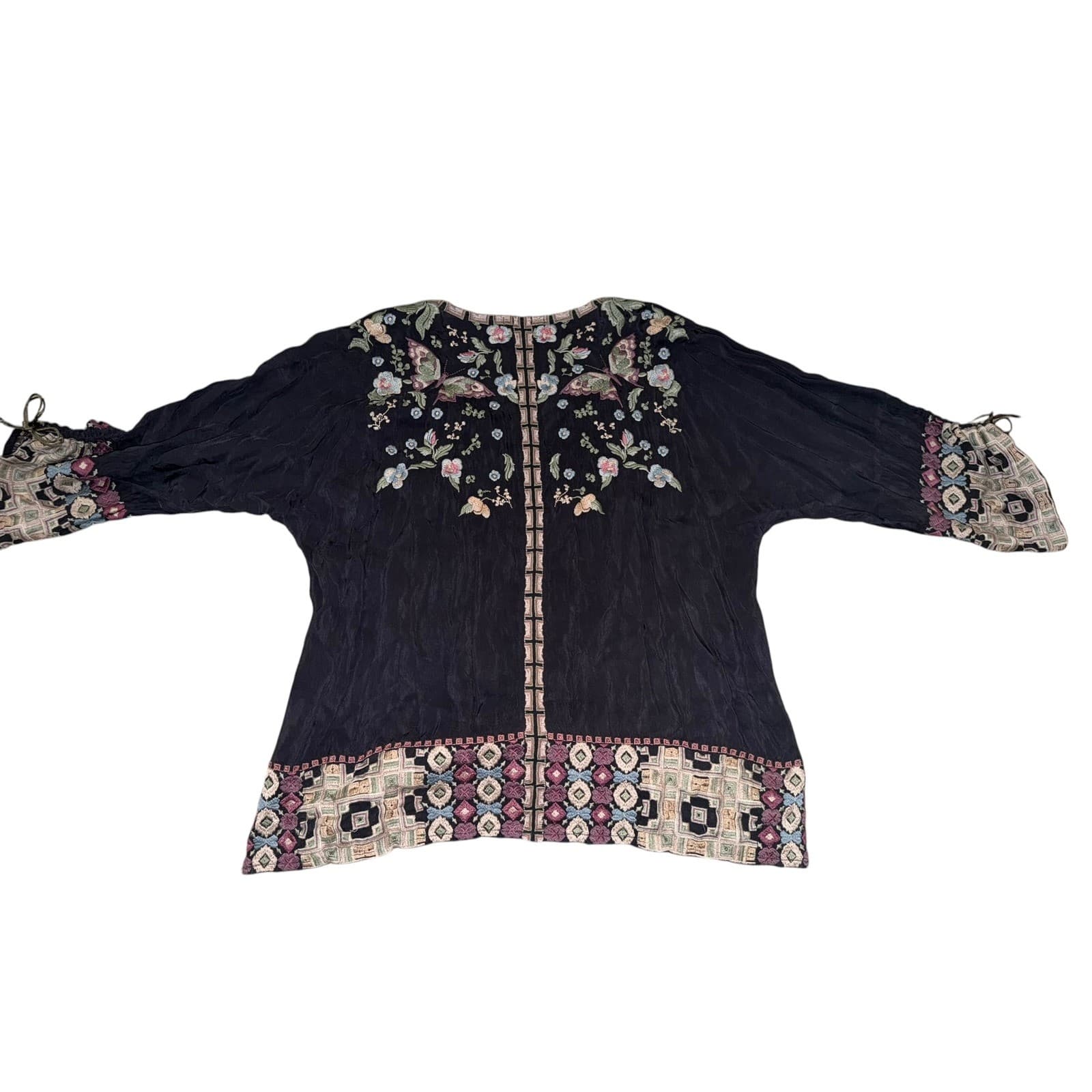 Johnny was sz L Embroidered v neck Ruched Sleeve 3/4 cottagecore boho - Thumbnail 4