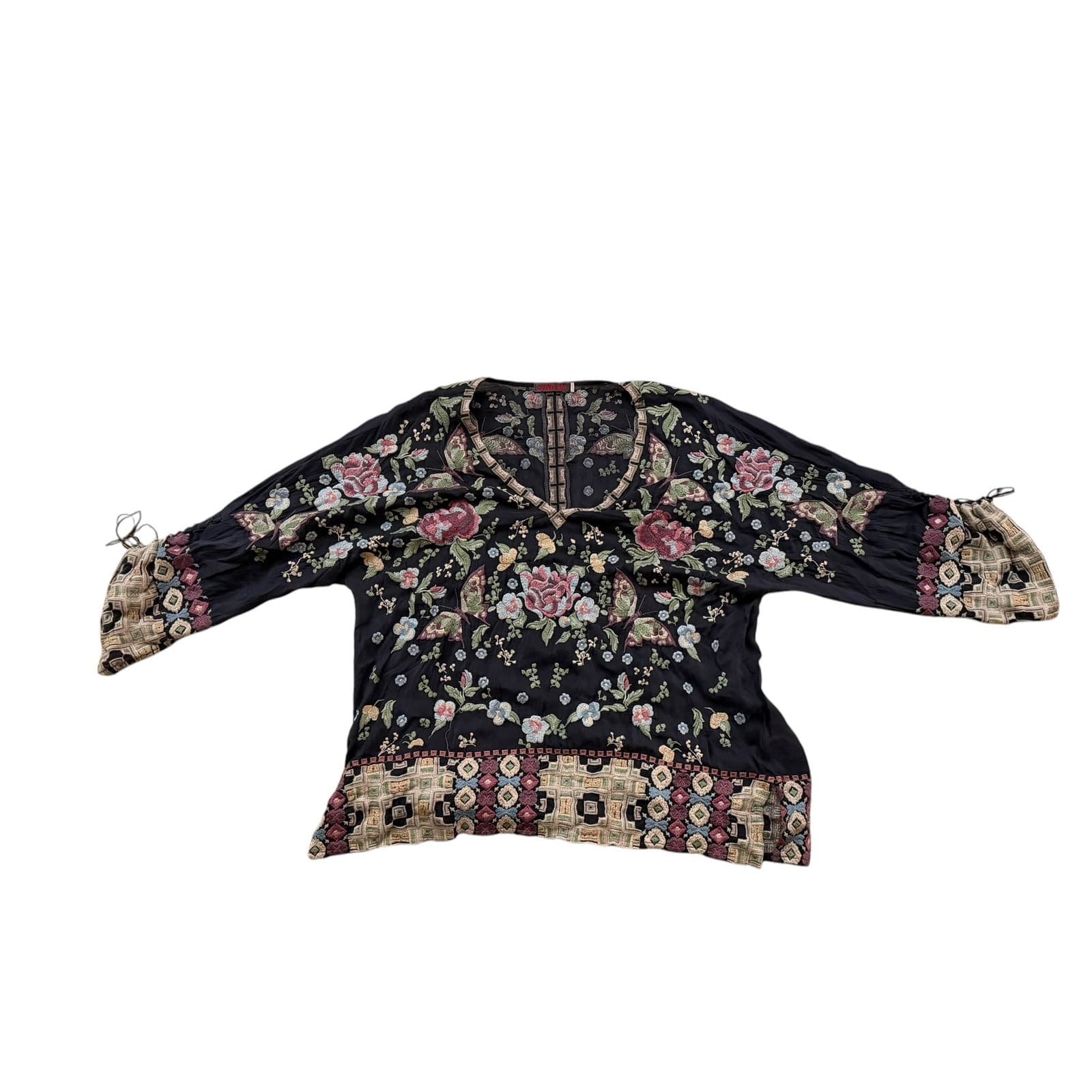 Johnny was sz L Embroidered v neck Ruched Sleeve 3/4 cottagecore boho - Thumbnail 6