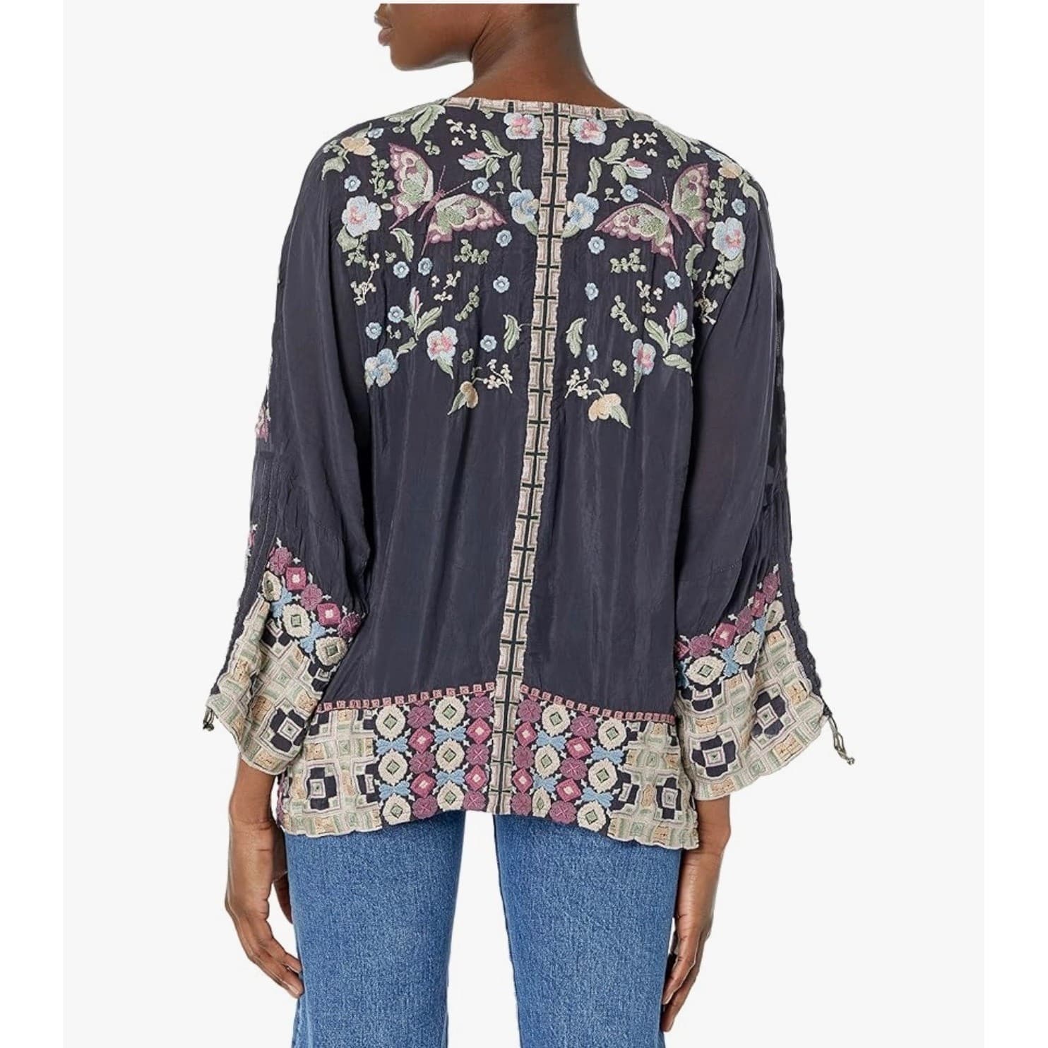 Johnny was sz L Embroidered v neck Ruched Sleeve 3/4 cottagecore boho - Thumbnail 2