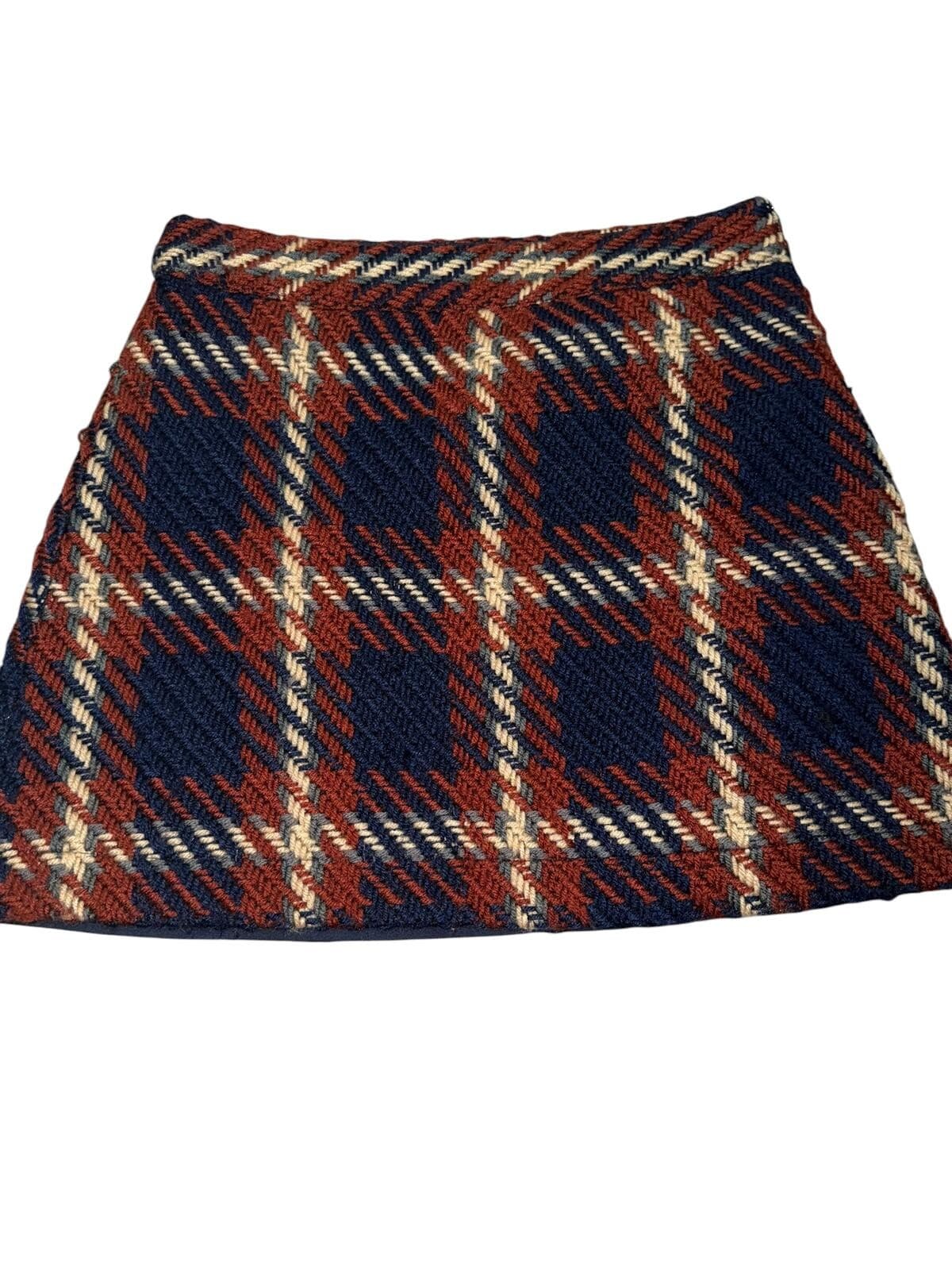 English Factory Plaid Tweed Mini Skirt Sz M Navy Burgundy Brown Preppy Boho - Thumbnail 4