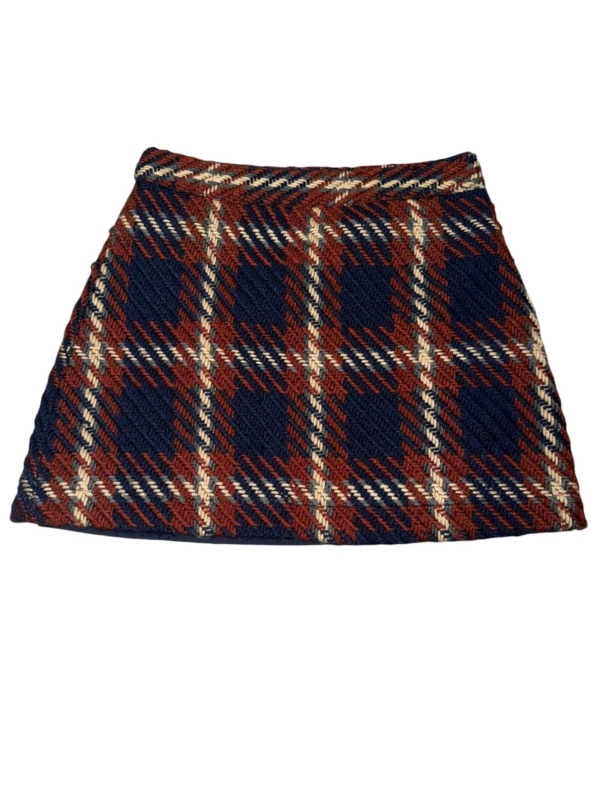 English Factory Plaid Tweed Mini Skirt Sz M Navy Burgundy Brown Preppy Boho - Thumbnail 3