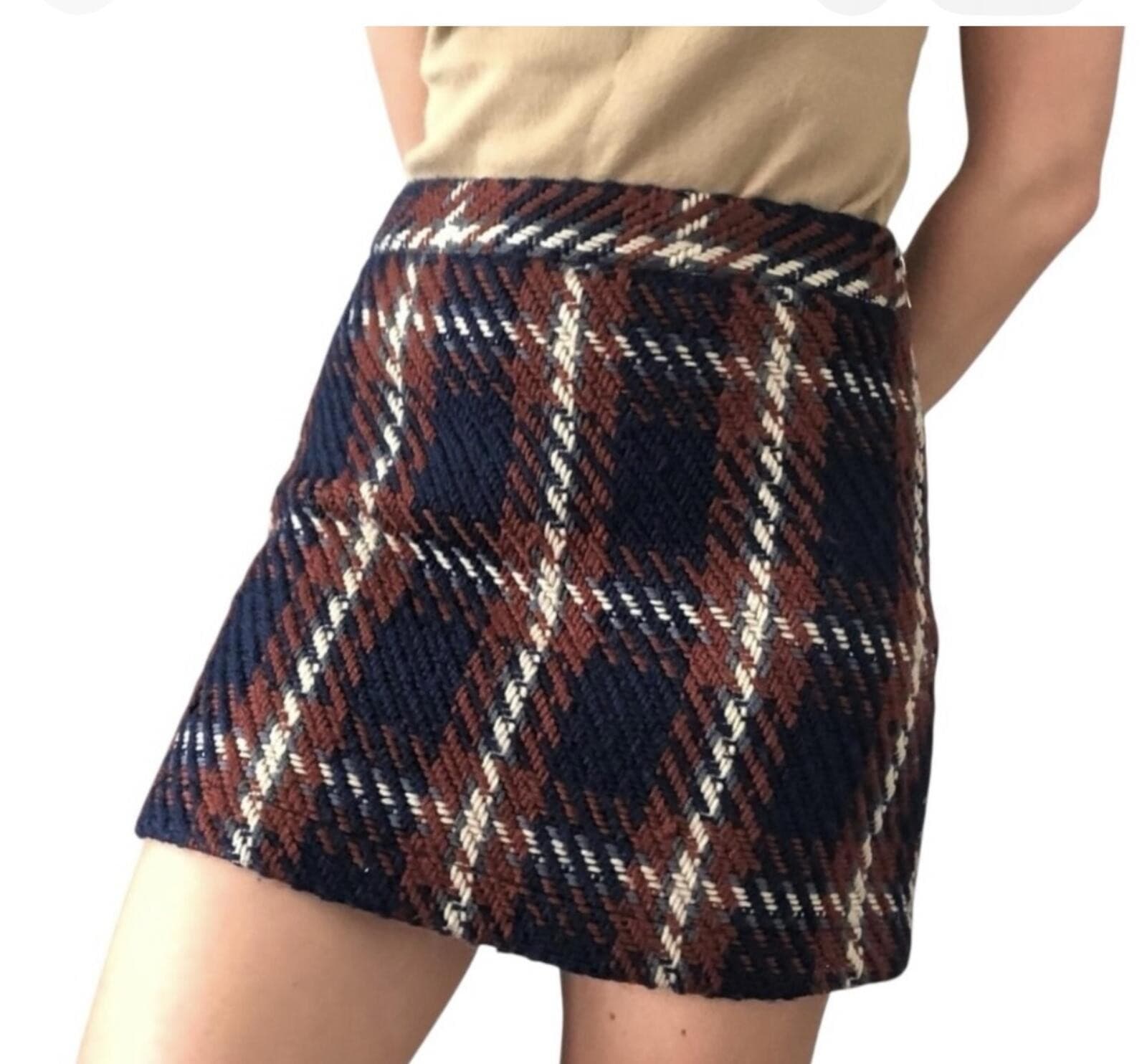 English Factory Plaid Tweed Mini Skirt Sz M Navy Burgundy Brown Preppy Boho - Thumbnail 2