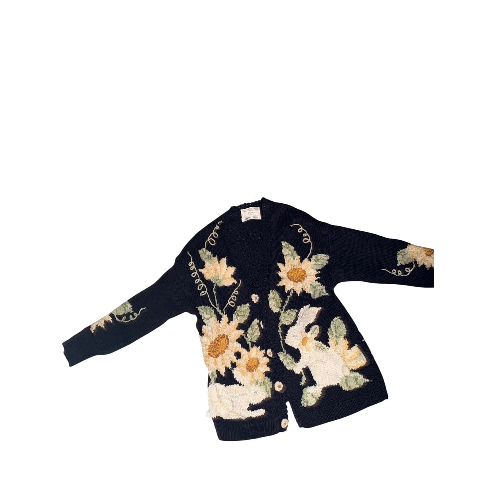 Rare Vintage 80s 90s Knit Cardigan Floral Embroidery Rabbit Design Cottagecore - Thumbnail 2