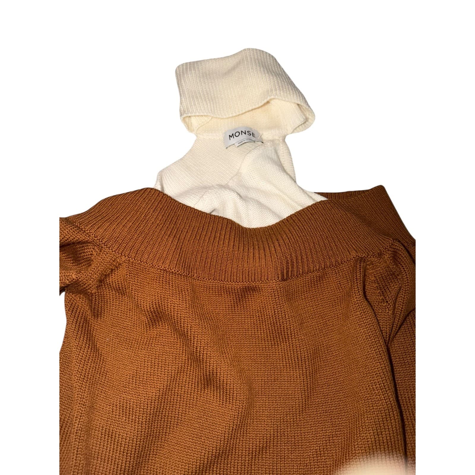 MONSE Merino Wool Turtleneck Sz L Brown Off White Attached Layer Preppy Luxury - Thumbnail 8