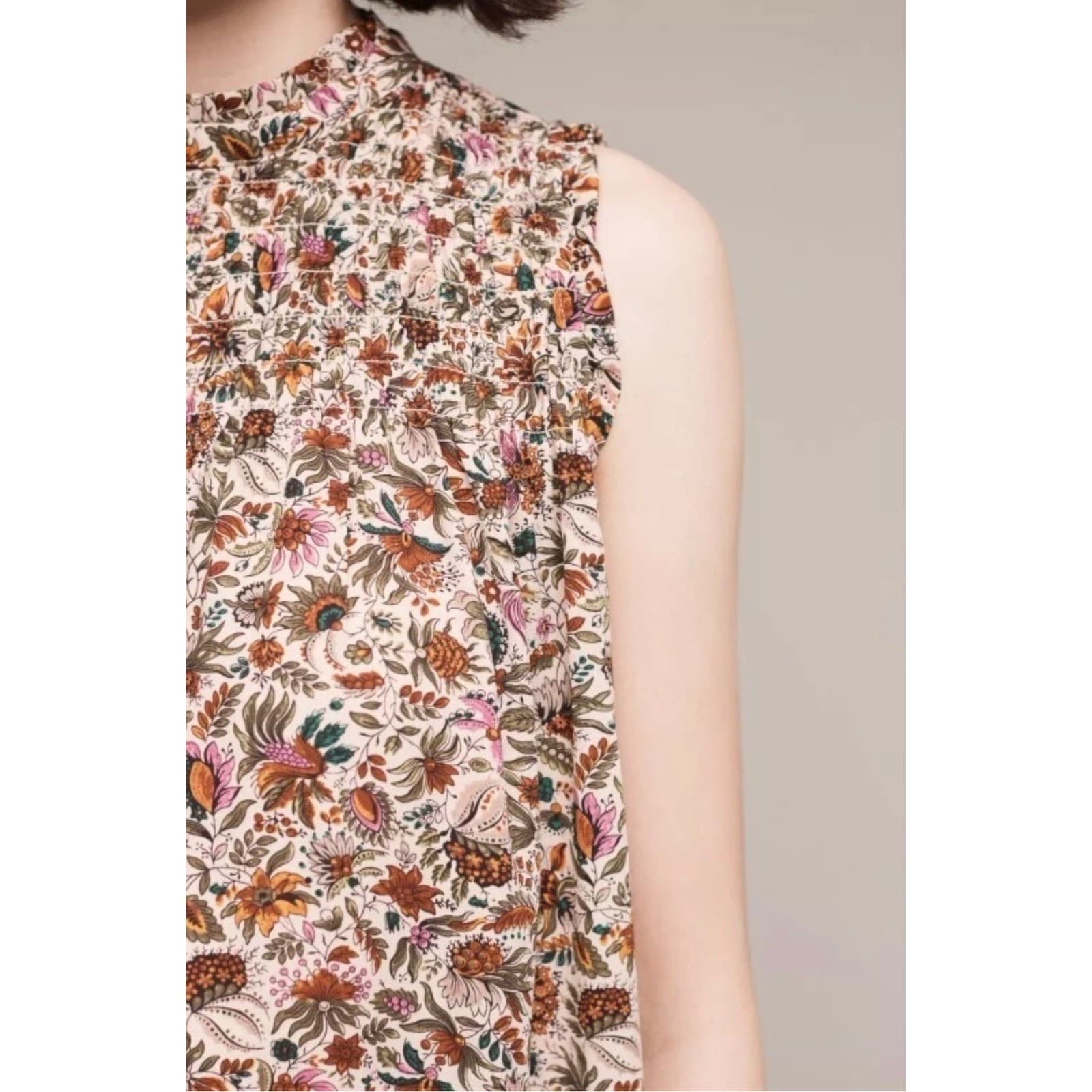 Maeve Darby Smocked JacobeanFloral Top sz 10 Neutral cottagecore boho - Thumbnail 2