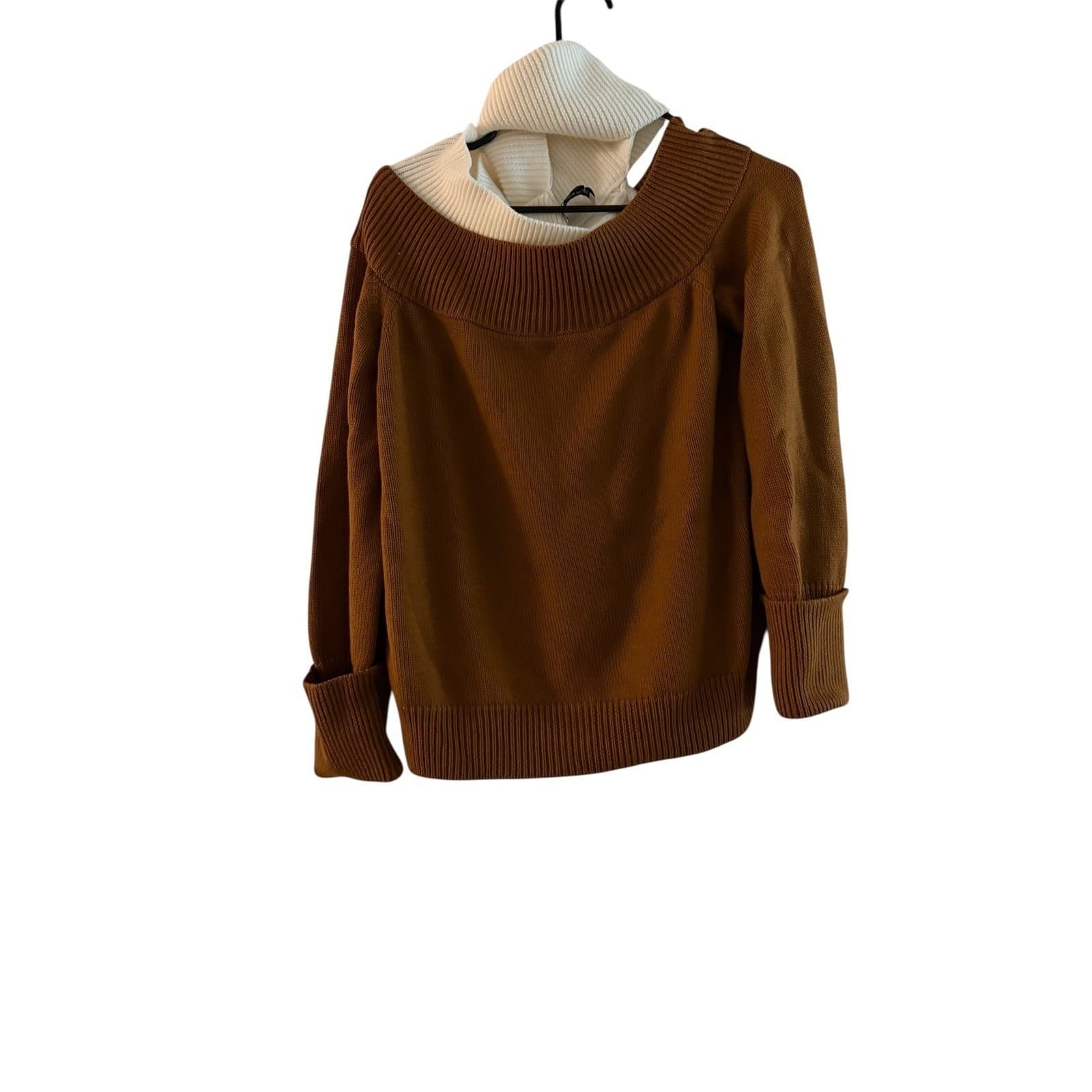 MONSE Merino Wool Turtleneck Sz L Brown Off White Attached Layer Preppy Luxury - Thumbnail 2