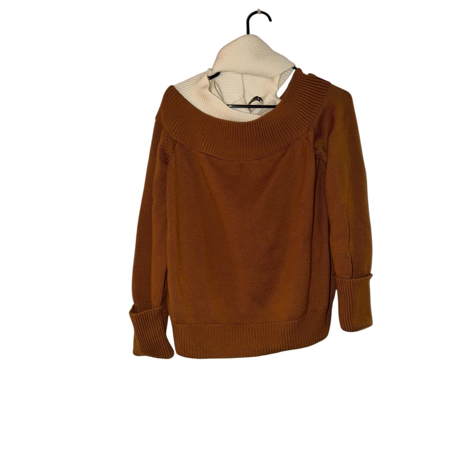 MONSE Merino Wool Turtleneck Sz L Brown Off White Attached Layer Preppy Luxury - Thumbnail 3