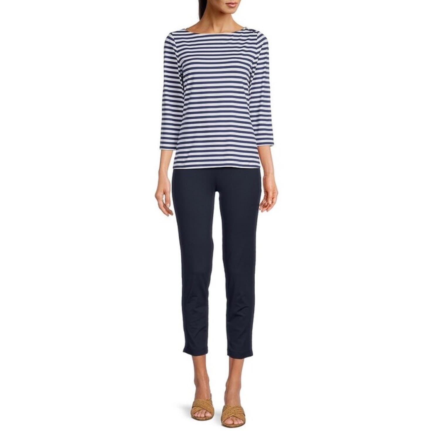 J McLaughlin Striped Button Shoulder Tee Sz XL | Preppy 3/4 Sleeve Nautical Top - Thumbnail 3