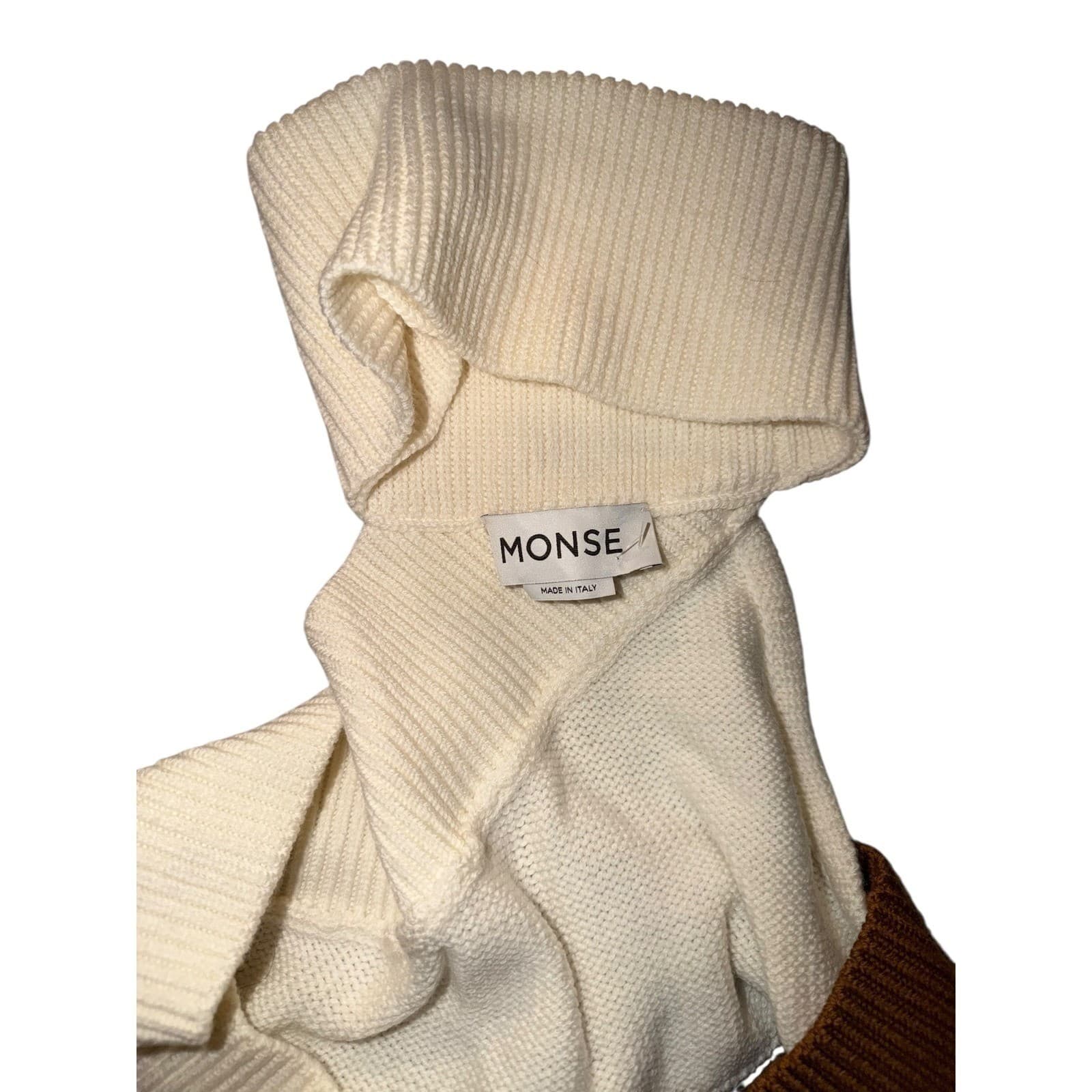 MONSE Merino Wool Turtleneck Sz L Brown Off White Attached Layer Preppy Luxury - Thumbnail 4