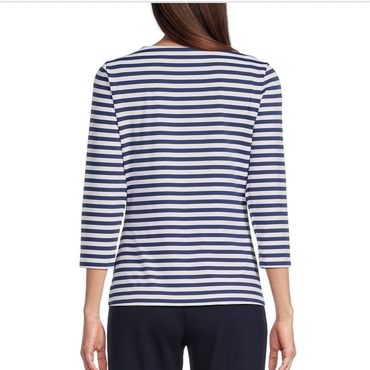 J McLaughlin Striped Button Shoulder Tee Sz XL | Preppy 3/4 Sleeve Nautical Top - Thumbnail 2