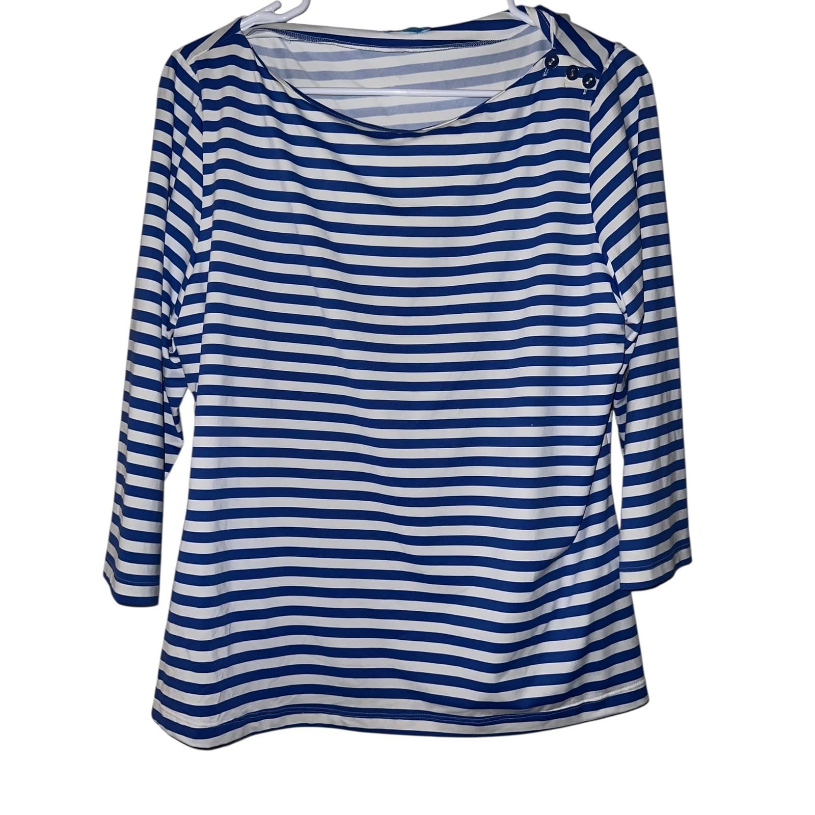 J McLaughlin Striped Button Shoulder Tee Sz XL | Preppy 3/4 Sleeve Nautical Top - Thumbnail 5