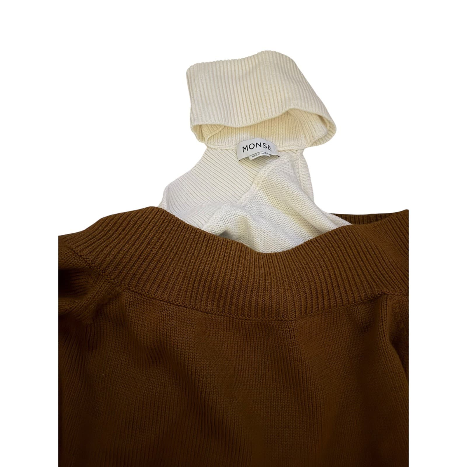 MONSE Merino Wool Turtleneck Sz L Brown Off White Attached Layer Preppy Luxury - Thumbnail 9