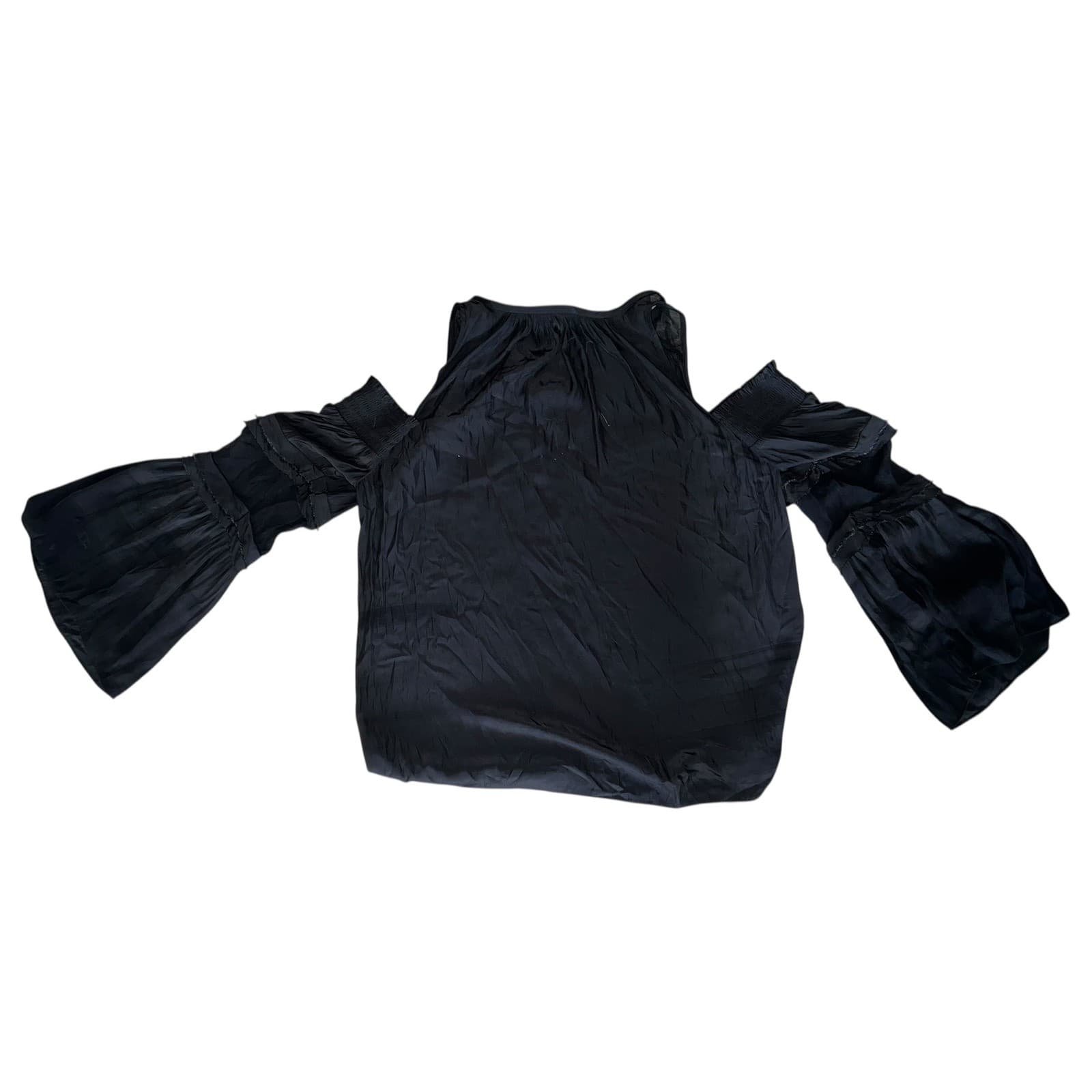 Ramy Brook NY Black Silk v neck Open Shoulder Sz M Luxury Flare Sleeve Statement - Thumbnail 2