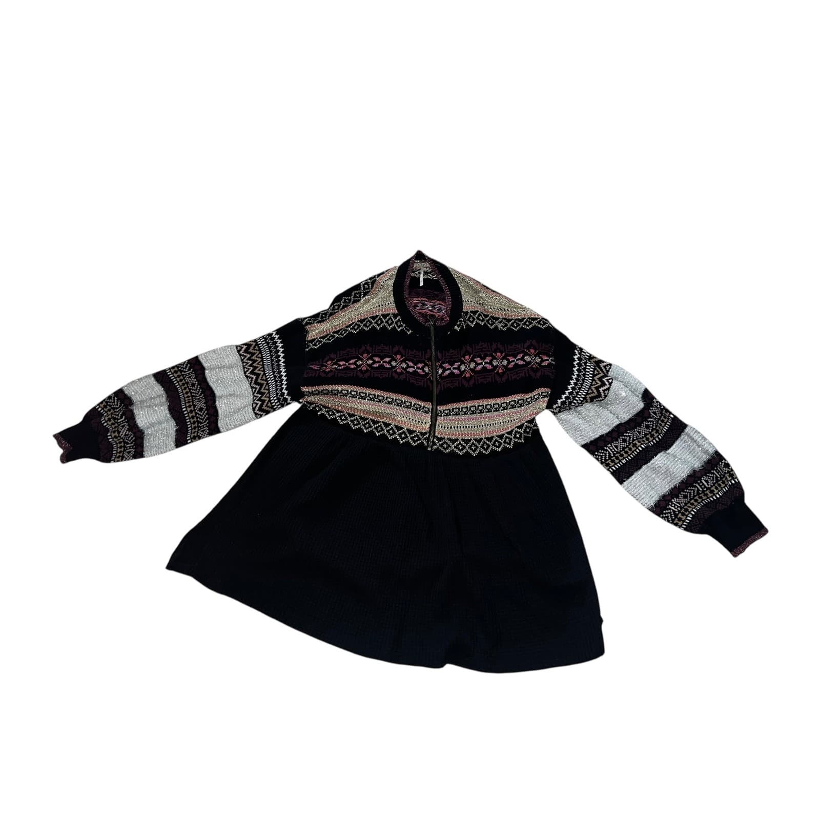 Free People Cozy Cottage Half Zip Sweater Black Sz L | Boho Balloon Sleeve Knit - Thumbnail 4
