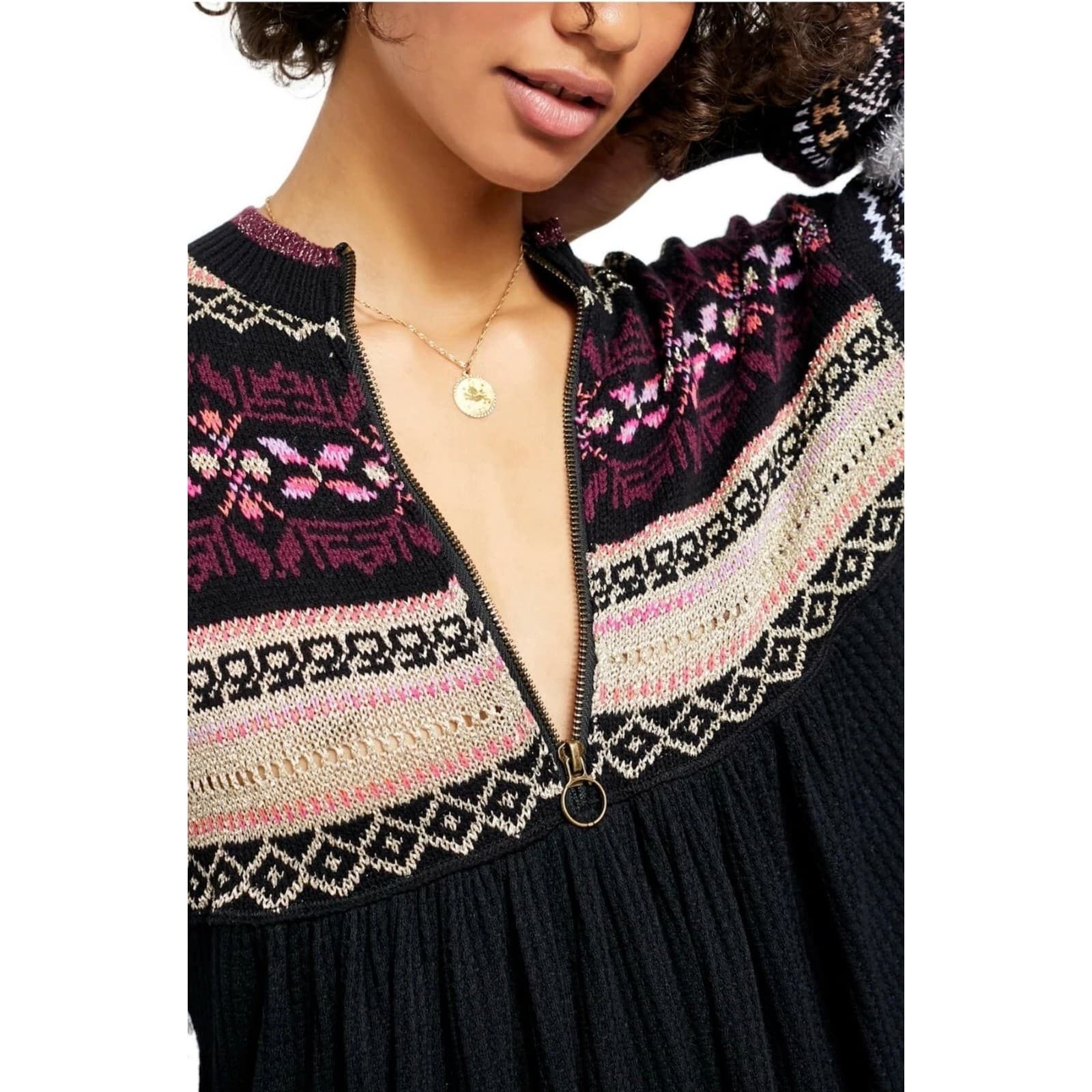 Free People Cozy Cottage Half Zip Sweater Black Sz L | Boho Balloon Sleeve Knit - Thumbnail 3