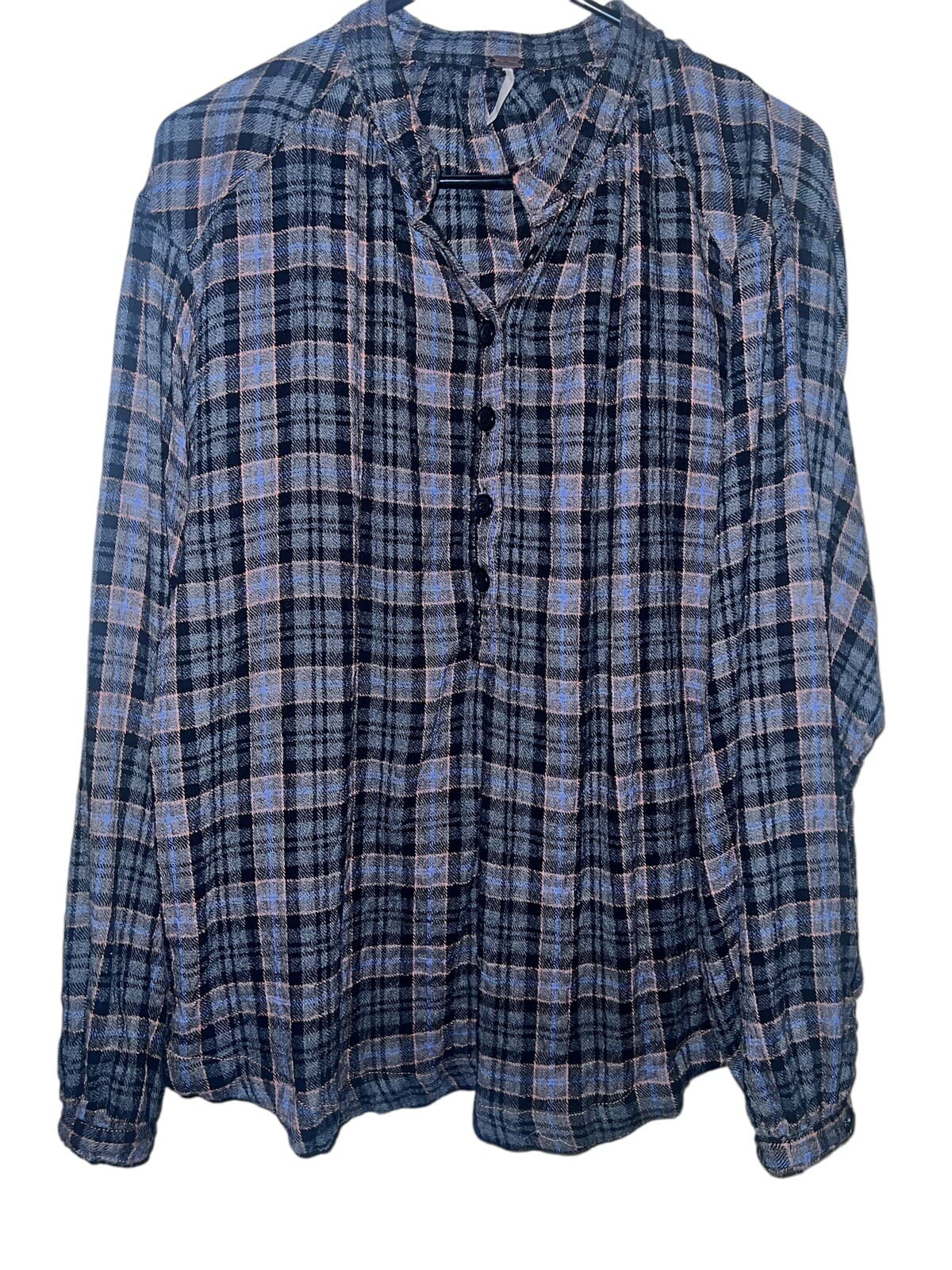 Free People Oversized Plaid Half Button Long Sleeve Shirt XS preppy collar emo - Thumbnail 4