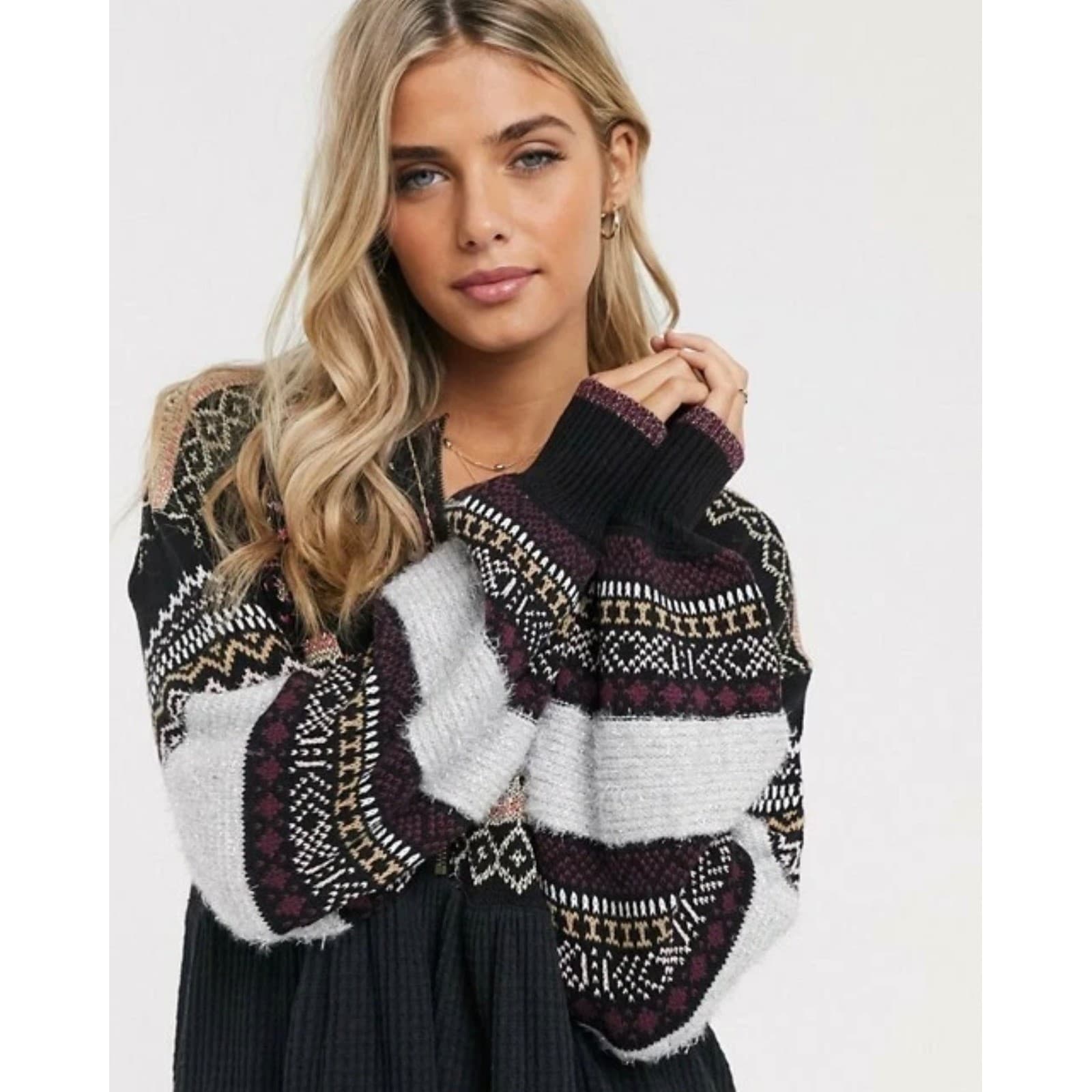 Free People Cozy Cottage Half Zip Sweater Black Sz L | Boho Balloon Sleeve Knit - Thumbnail 2