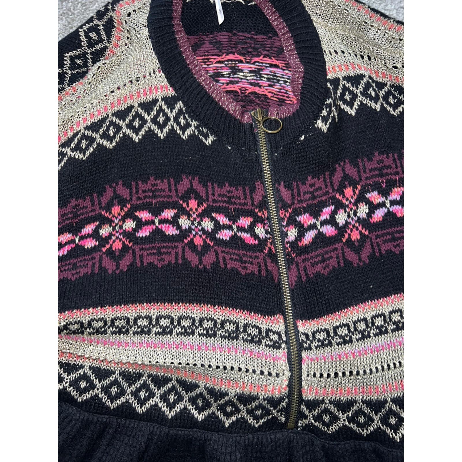 Free People Cozy Cottage Half Zip Sweater Black Sz L | Boho Balloon Sleeve Knit - Thumbnail 7