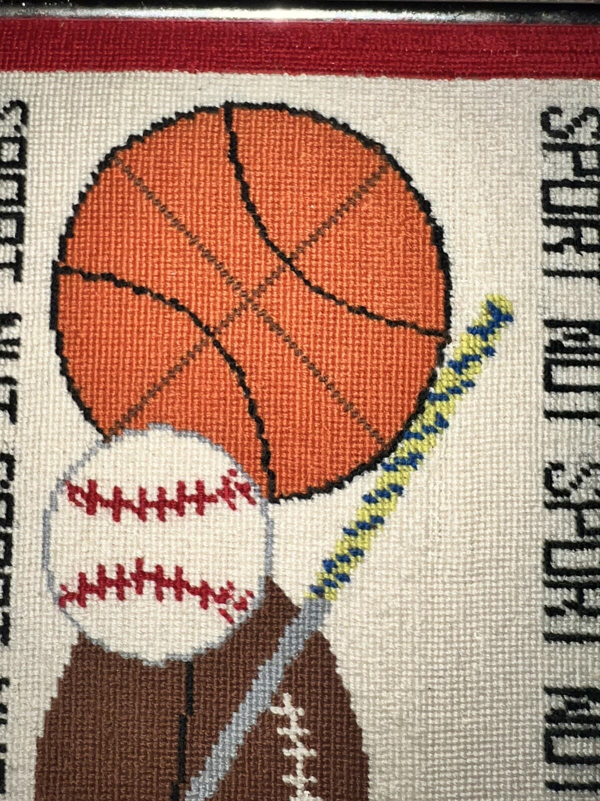 Vintage Rare Boho Needlepoint Canvas Framed Sports LARGE 23•5 × 8.75 - Thumbnail 3