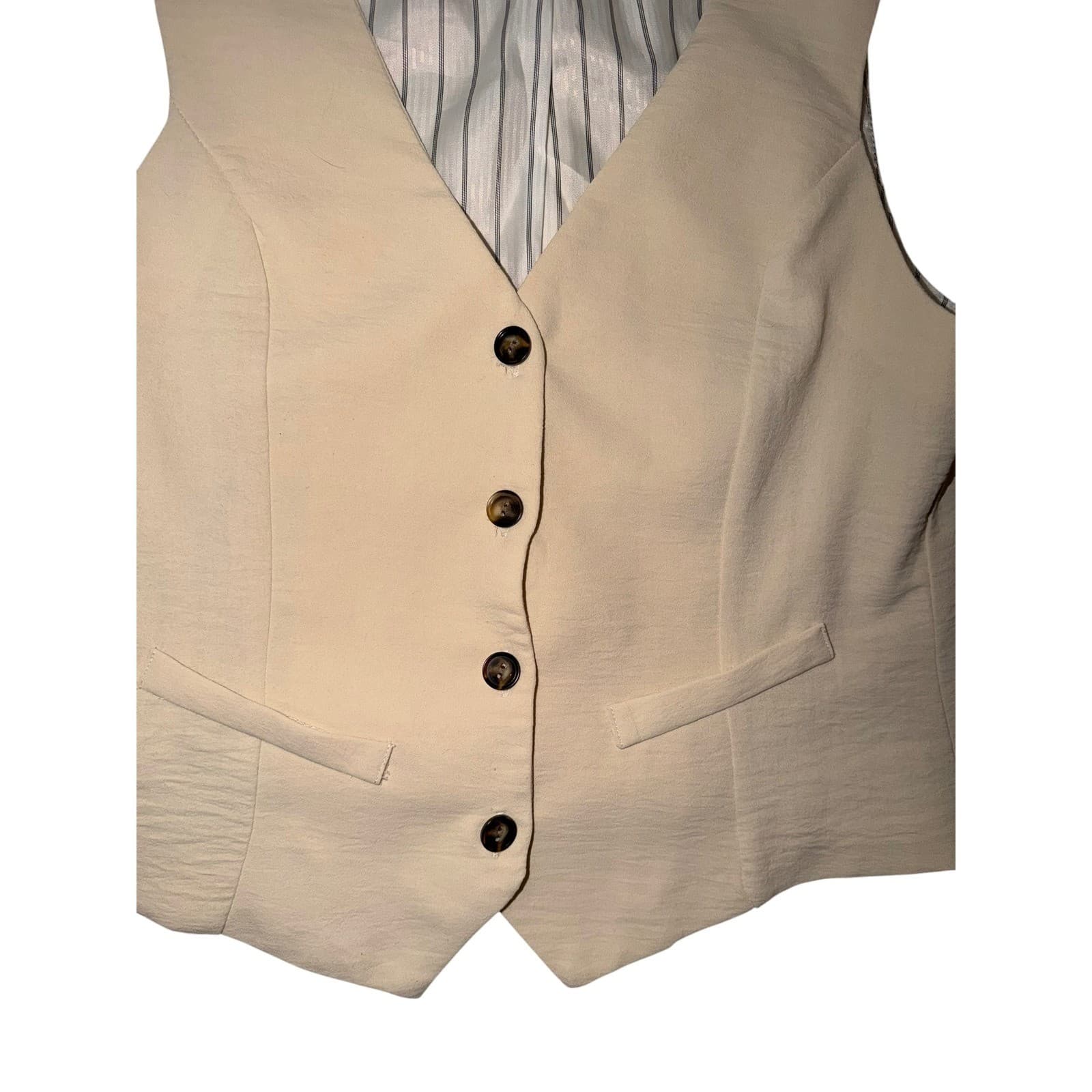 Beige Sleeveless Waistcoat Vest Sz S Button Up Office Siren Tailored Suit - Thumbnail 3