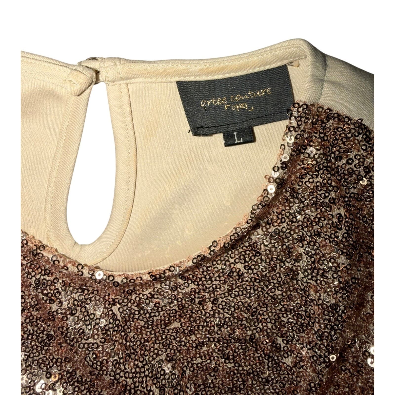 Rose Gold Sequin Peplum Top Sz L Y2K Disco Crew Neck Sparkly Party - Thumbnail 3