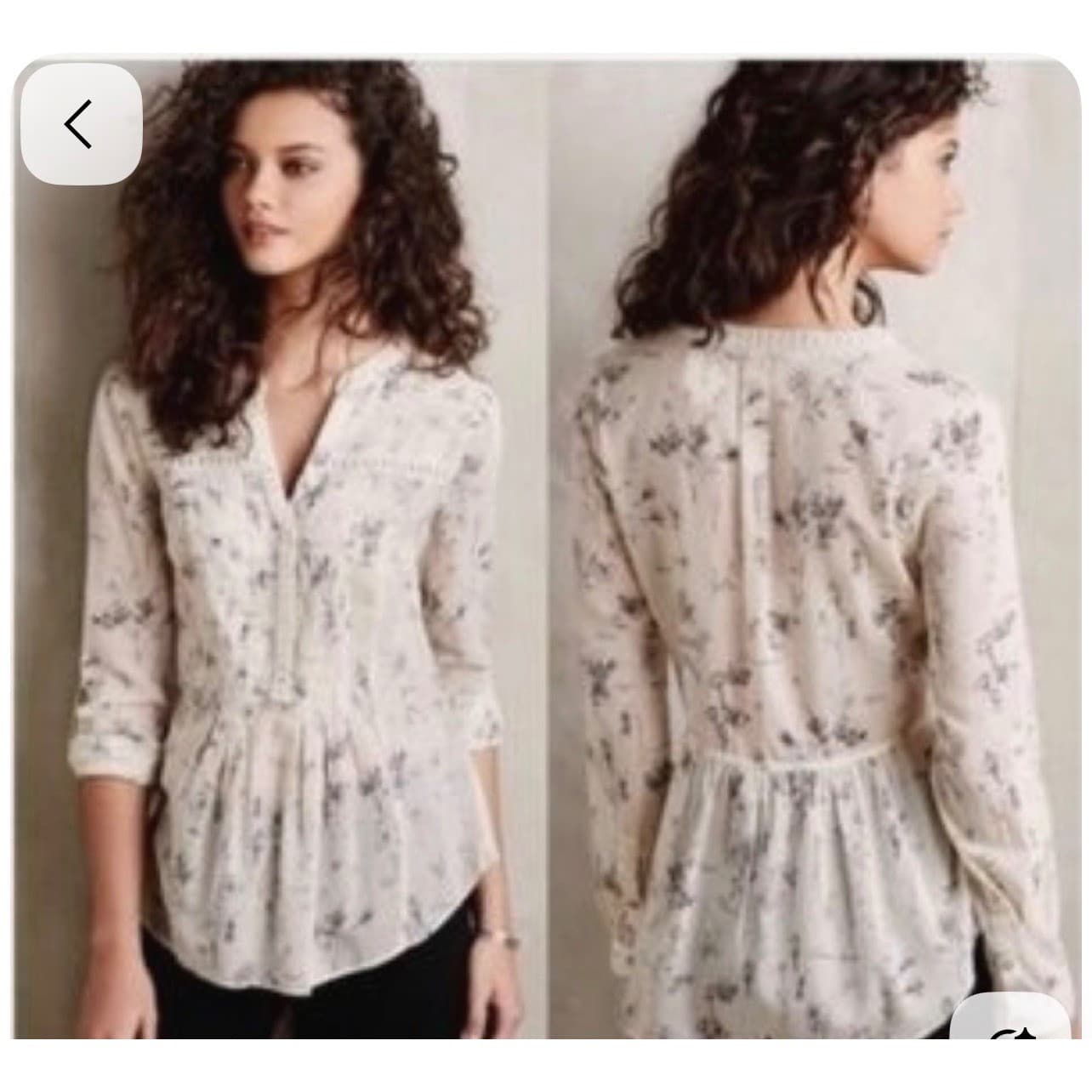 Maeve Abella Pintuck Botanic Sketch Blouse Sz 2 Boho Crochet Trim - Thumbnail 2