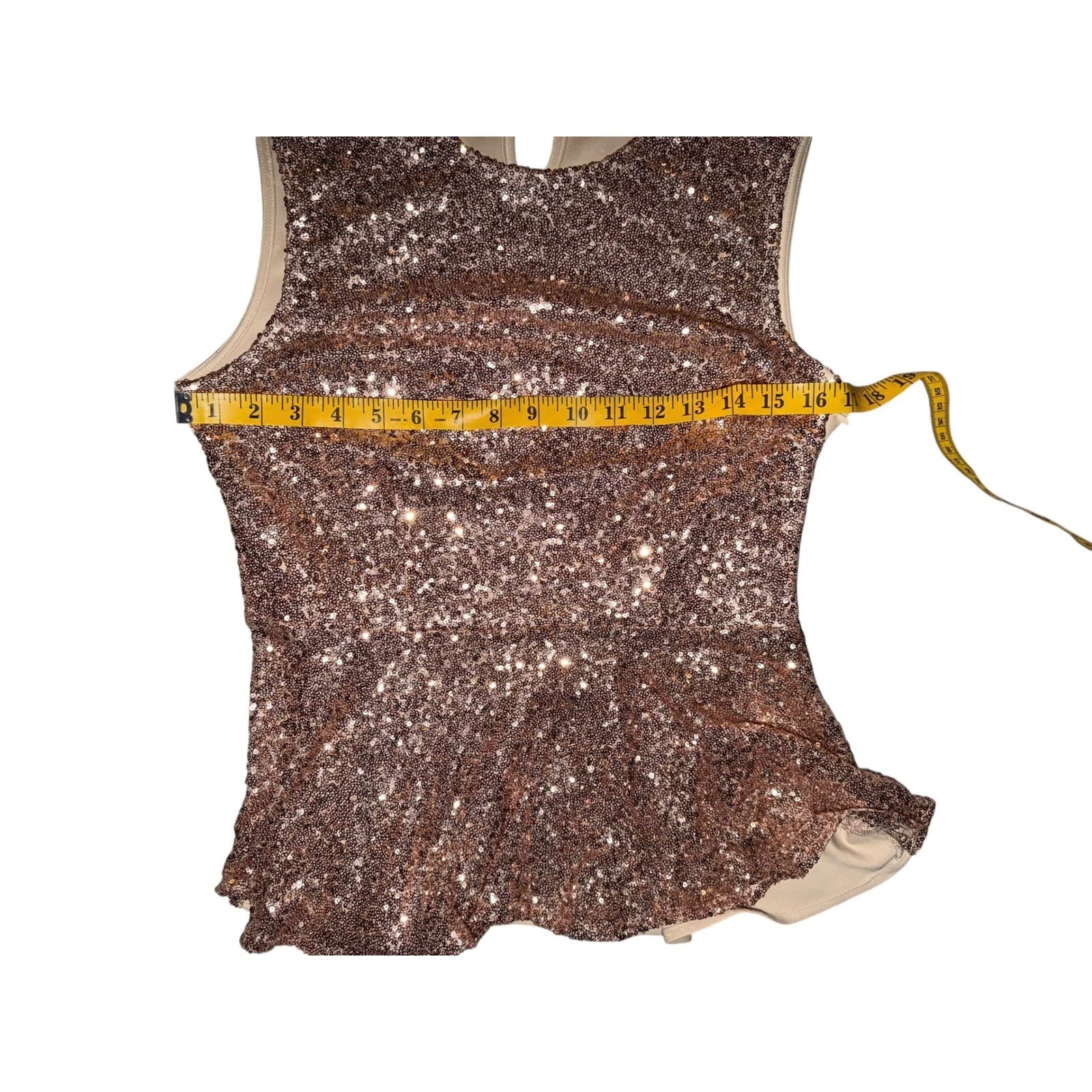 Rose Gold Sequin Peplum Top Sz L Y2K Disco Crew Neck Sparkly Party - Thumbnail 4