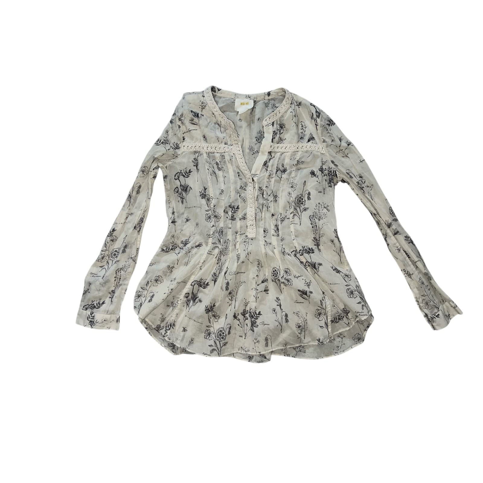 Maeve Abella Pintuck Botanic Sketch Blouse Sz 2 Boho Crochet Trim - Thumbnail 3