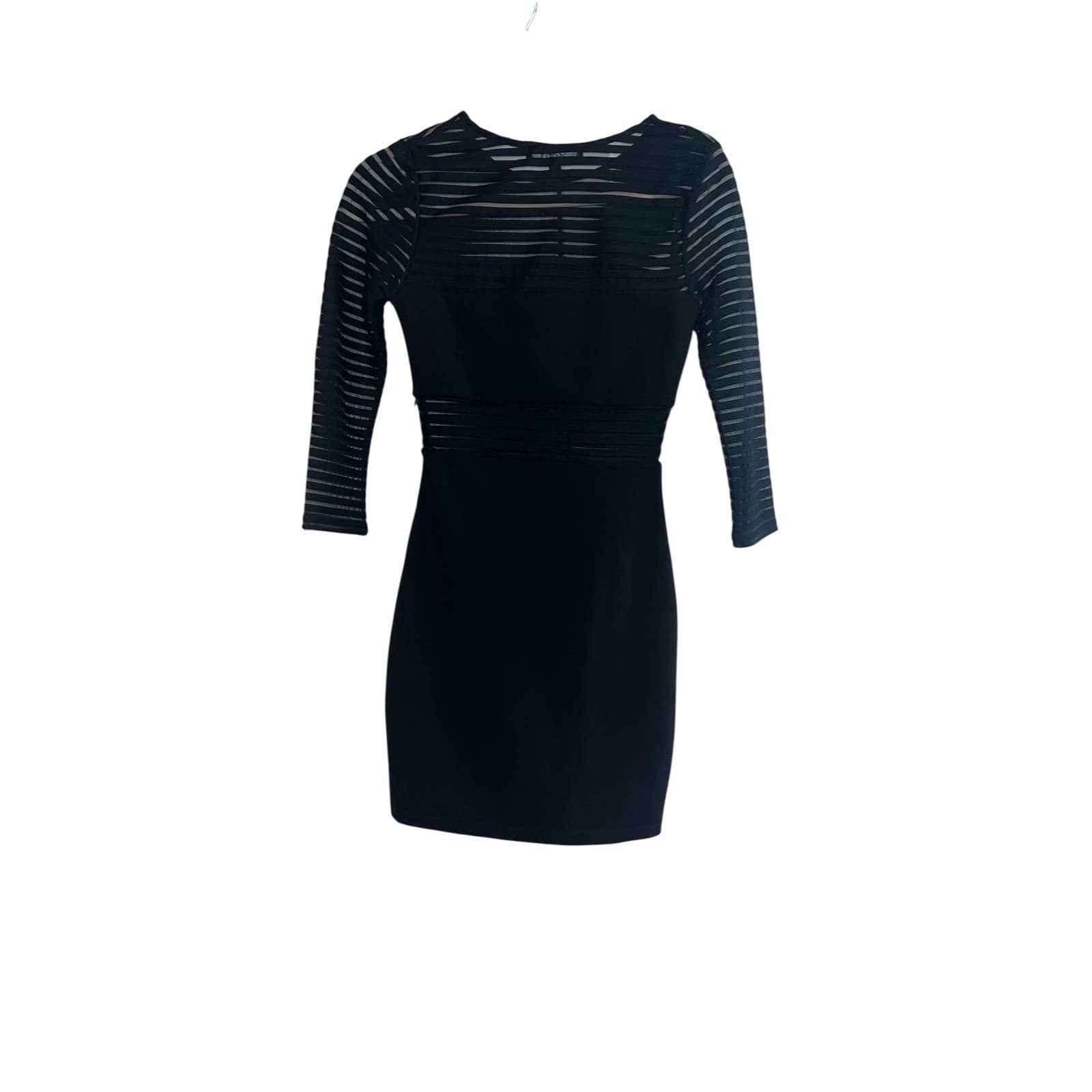 Black Mesh Sleeve Ponte Knit Bodycon Dress Sz S 3/4 Sleeve Minimalist Y2K Chic - Thumbnail 2