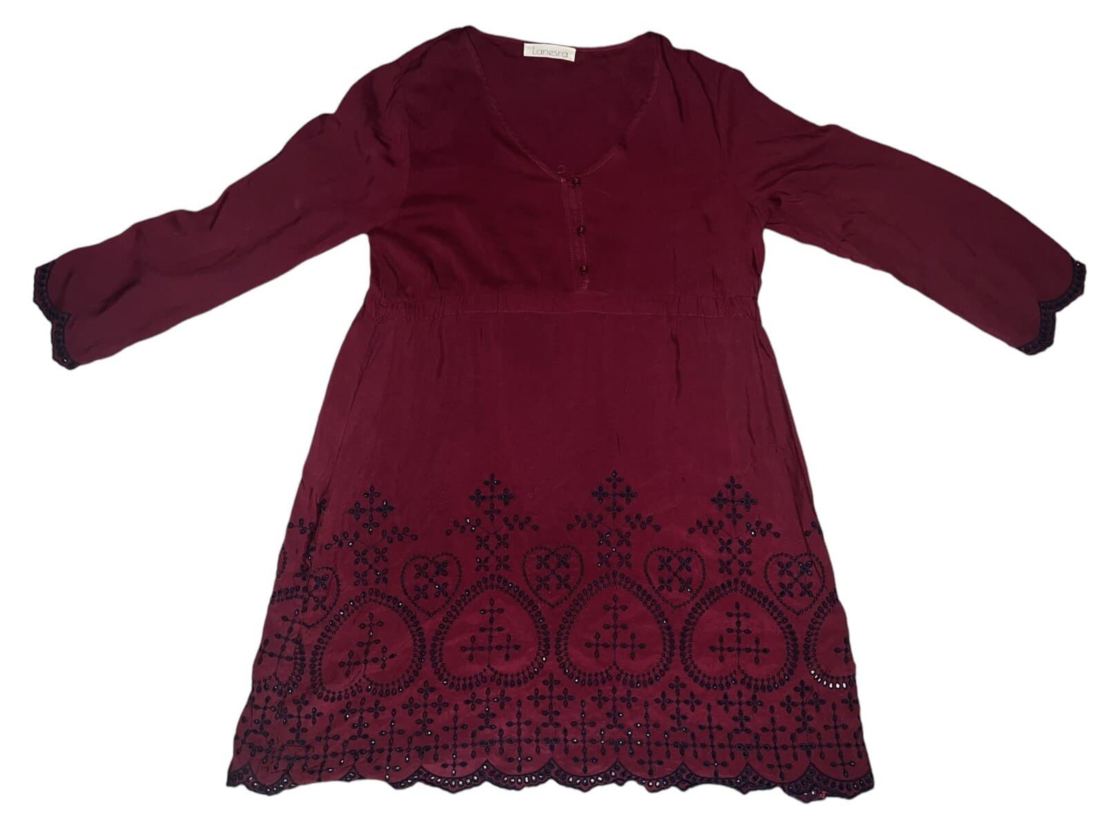 Lanesra burgundy/navy dress Sz M Long Sleeve V Neck Boho Bohemian - Thumbnail 2