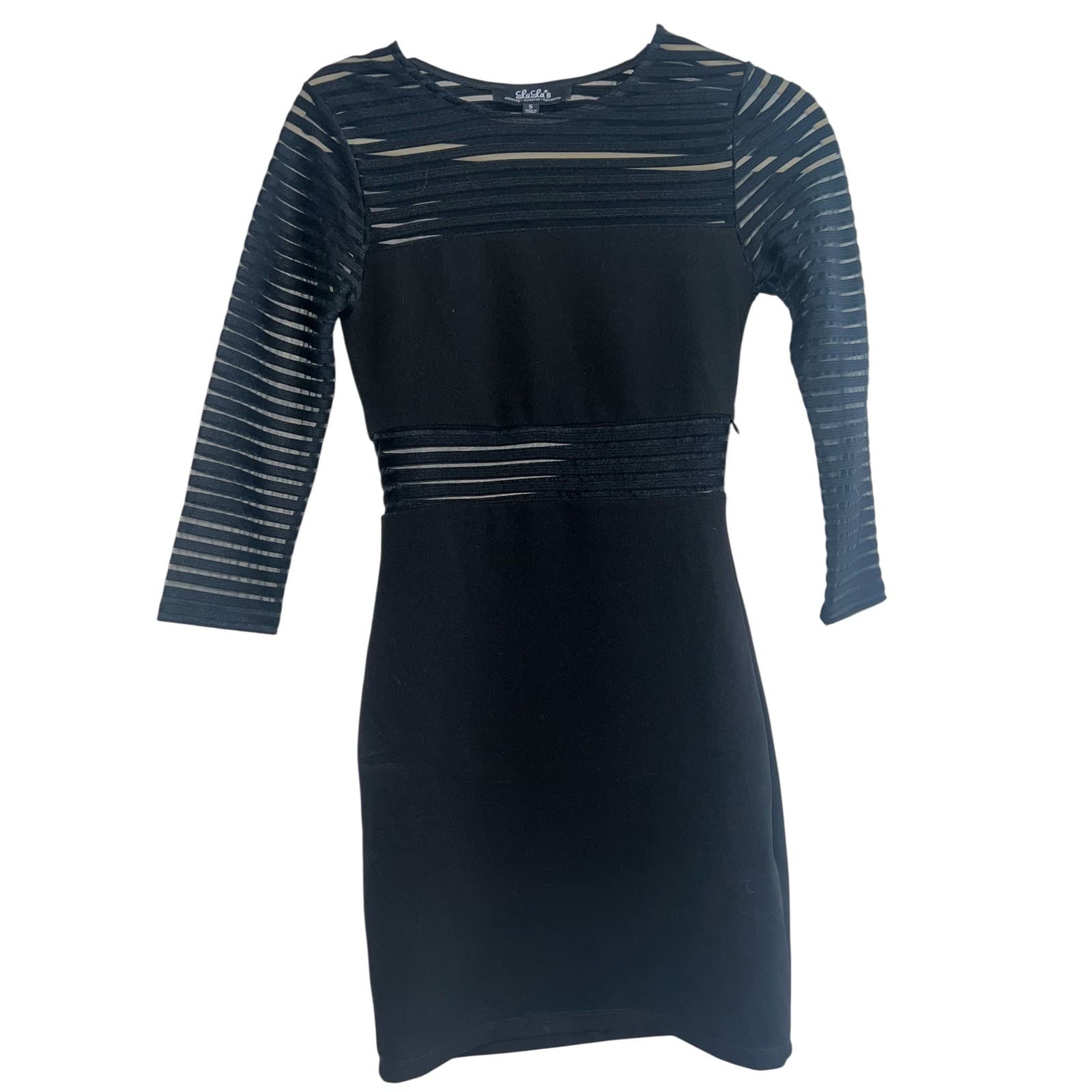 Black Mesh Sleeve Ponte Knit Bodycon Dress Sz S 3/4 Sleeve Minimalist Y2K Chic - Thumbnail 3