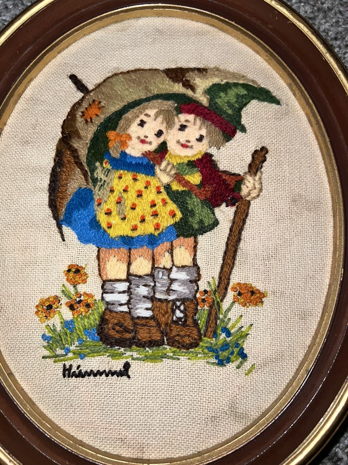 Needlepoint Vintage Hummel Handmade Oval Glass Framed Boy & Girl Under Umbrella - Thumbnail 2