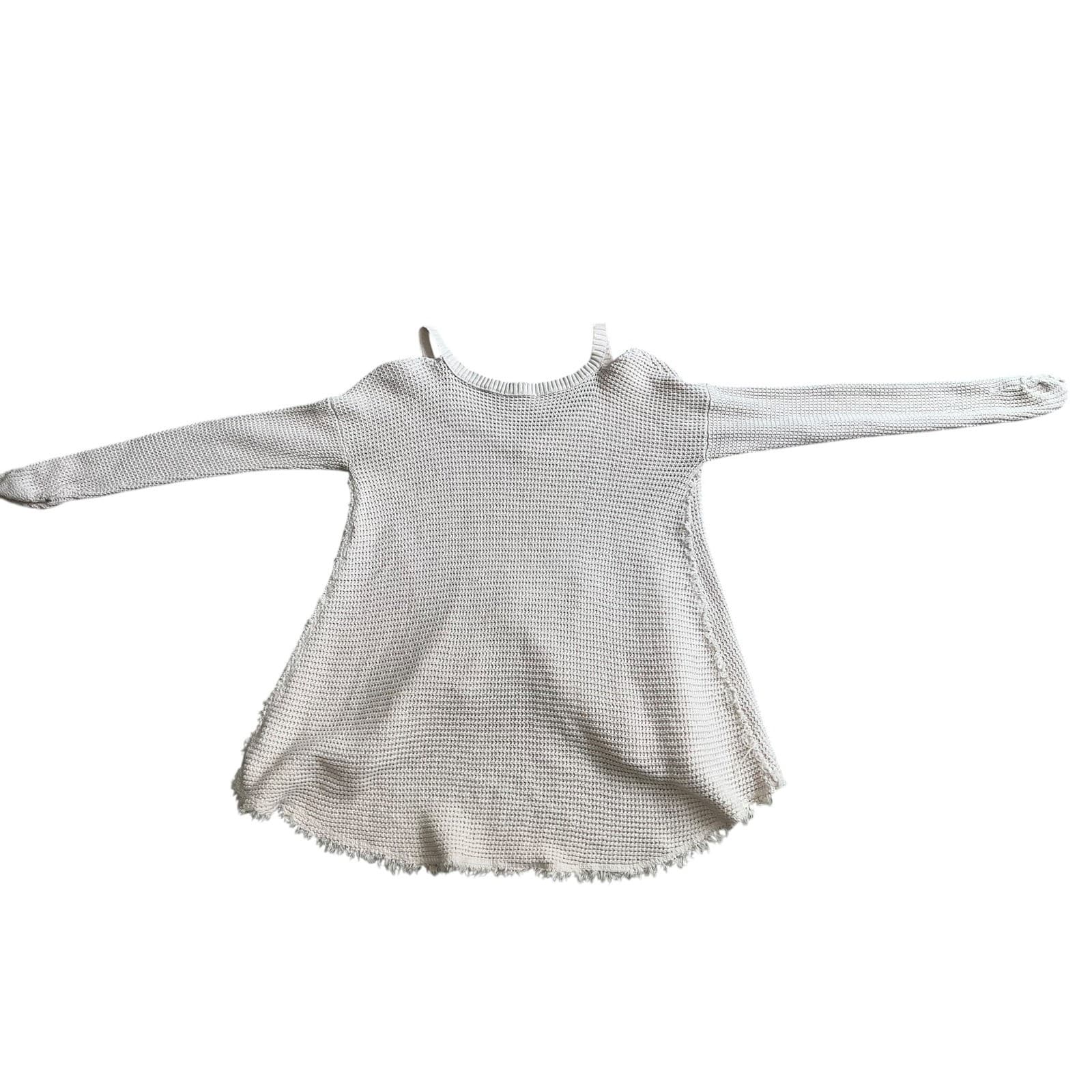 Free People Cold Shoulder Honeycomb Knit Fringed off white sz m boho bohemian - Thumbnail 4