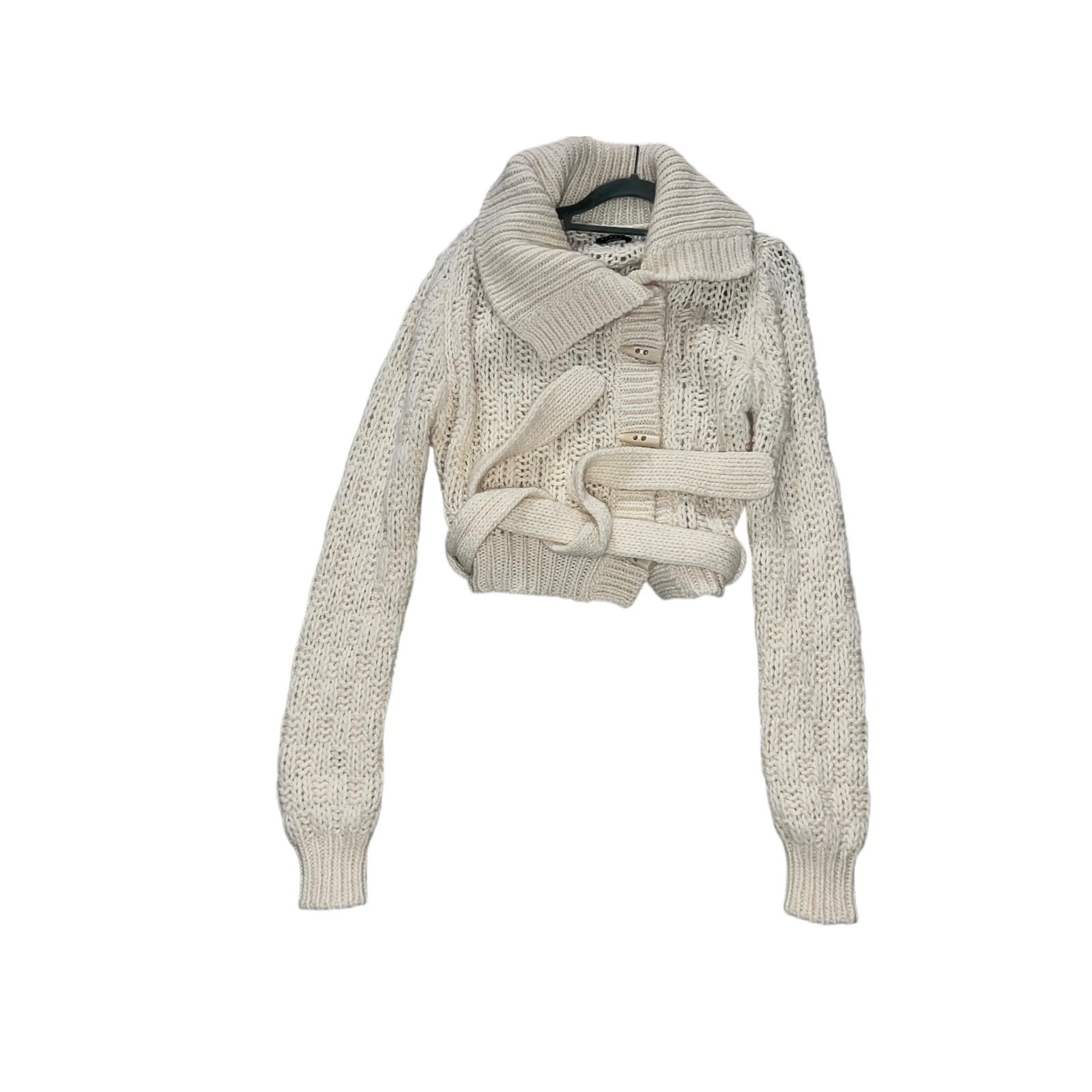 Sisley Belted Cardigan Wool Alpaca Blend Sz M | Ivory Button Preppy Boho Knit - Thumbnail 2