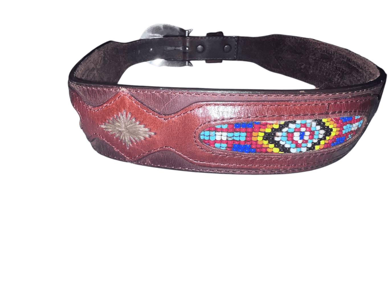 Vintage 90s Leegin Western Brown Leather Belt Beaded Silver Buckle Men 32 Native - Thumbnail 2
