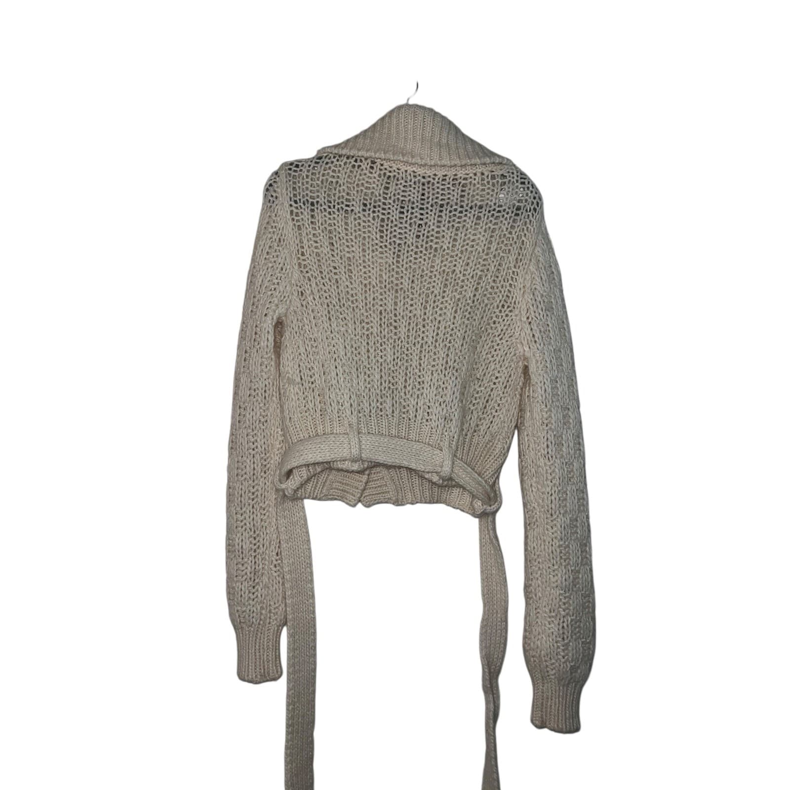 Sisley Belted Cardigan Wool Alpaca Blend Sz M | Ivory Button Preppy Boho Knit - Thumbnail 3