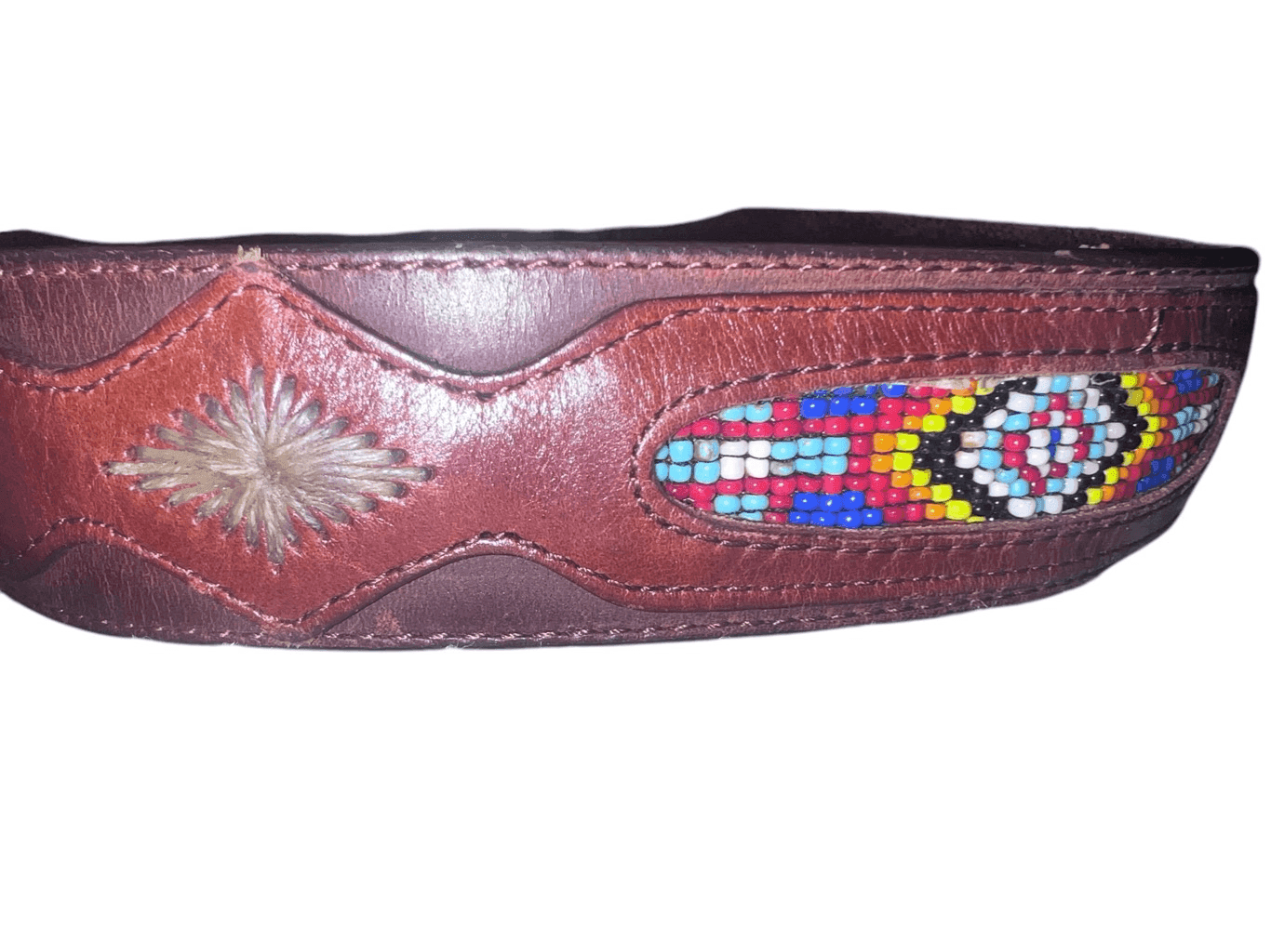 Vintage 90s Leegin Western Brown Leather Belt Beaded Silver Buckle Men 32 Native - Thumbnail 4