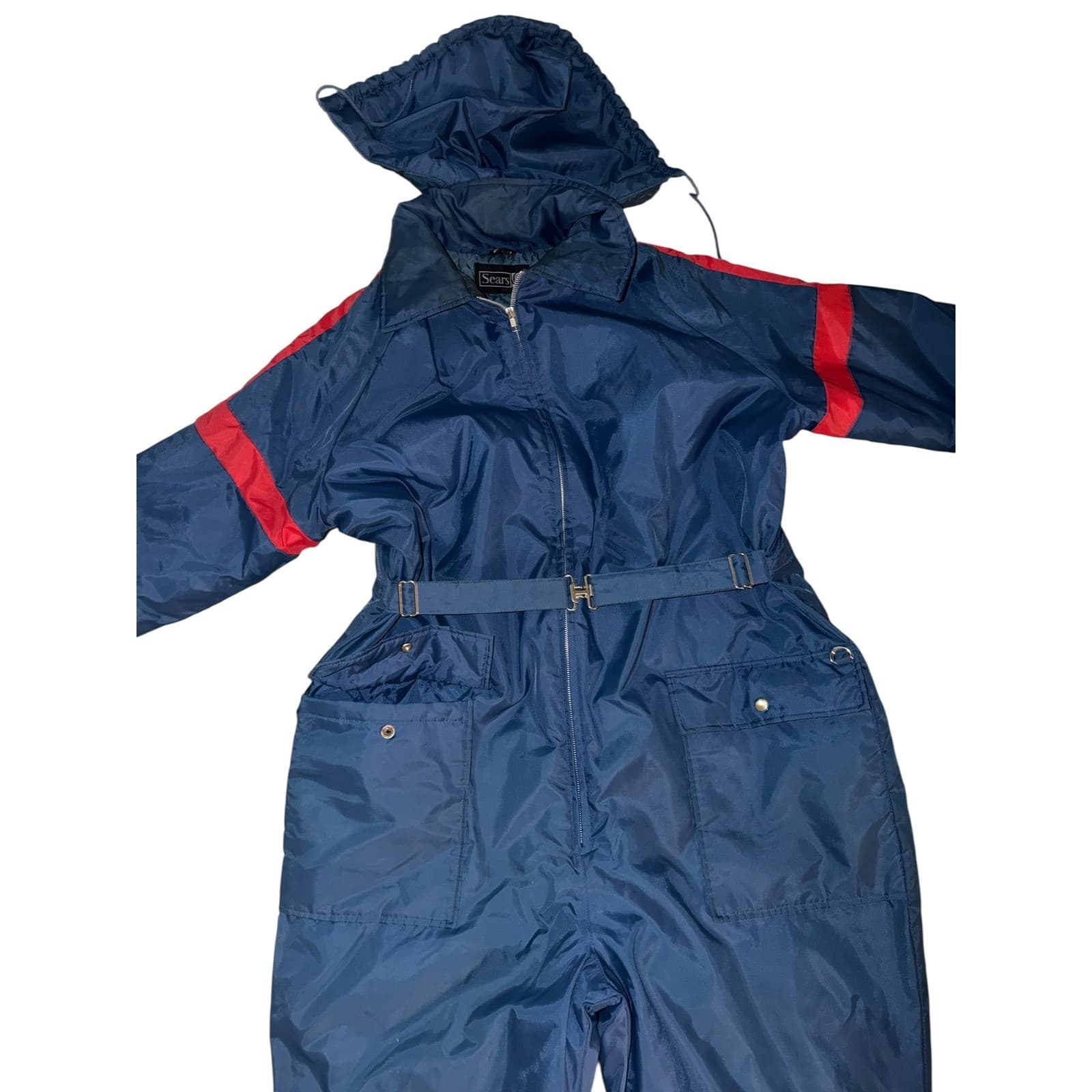 Vintage Sears Ski Snowsuit Mens XL Hooded Coveralls 80s Retro Nylon Workwear - Thumbnail 2