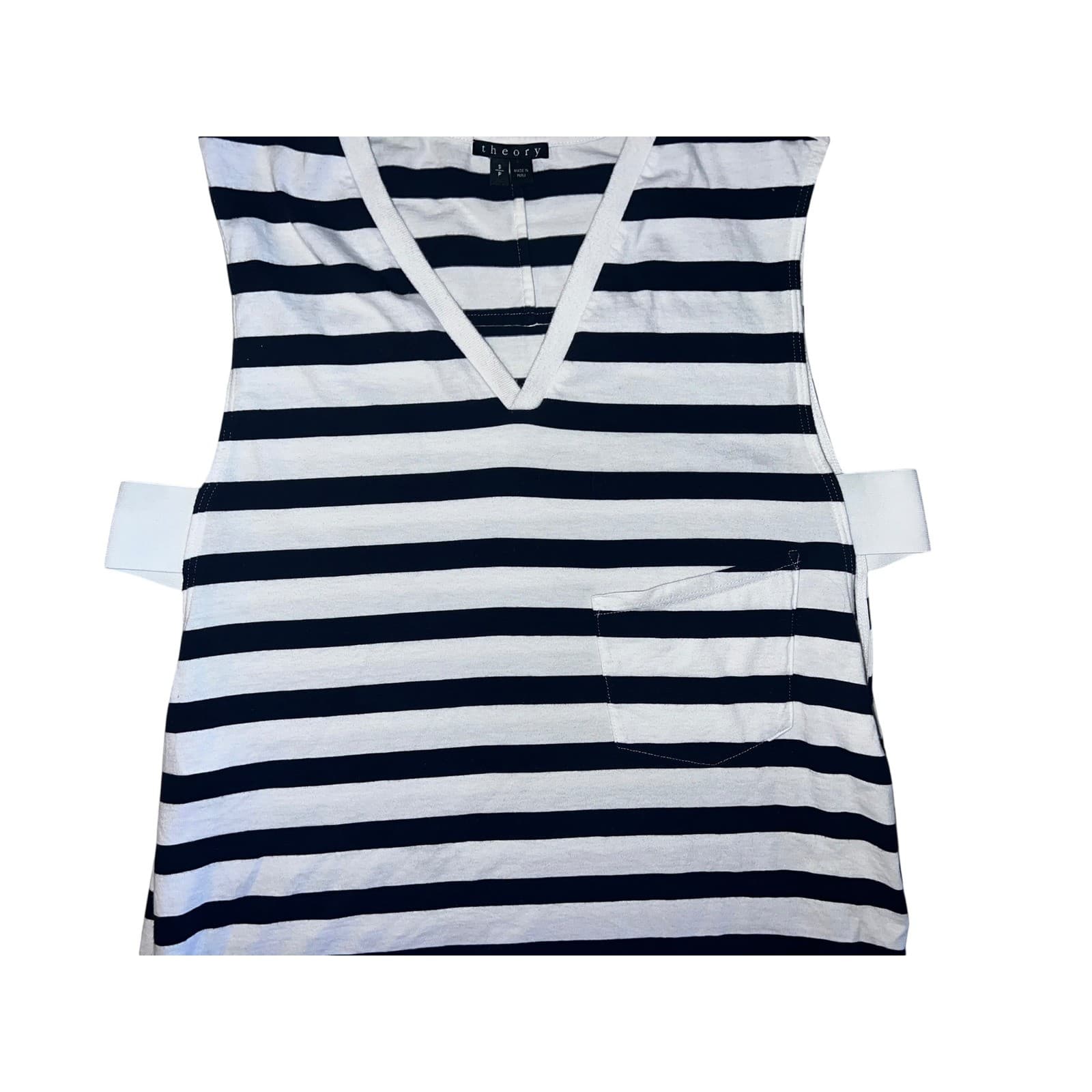 Theory Black & White Striped Top Sz S | Sleeveless V-Neck Preppy Luxury Blouse - Thumbnail 3