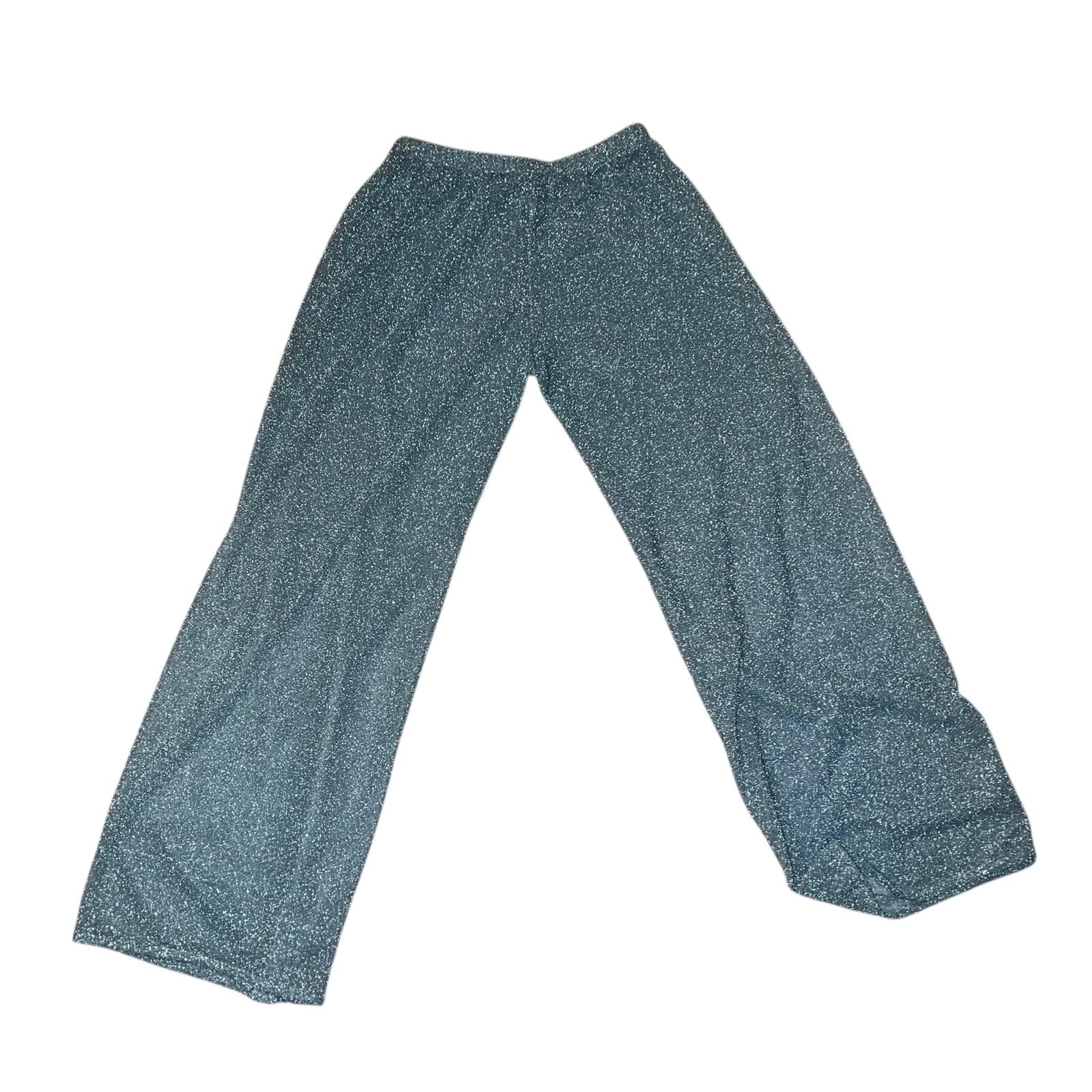 Delfina Wide-Leg Glittery Sheer Pants Sz S Light Green Boho Hippie Trousers - Thumbnail 2