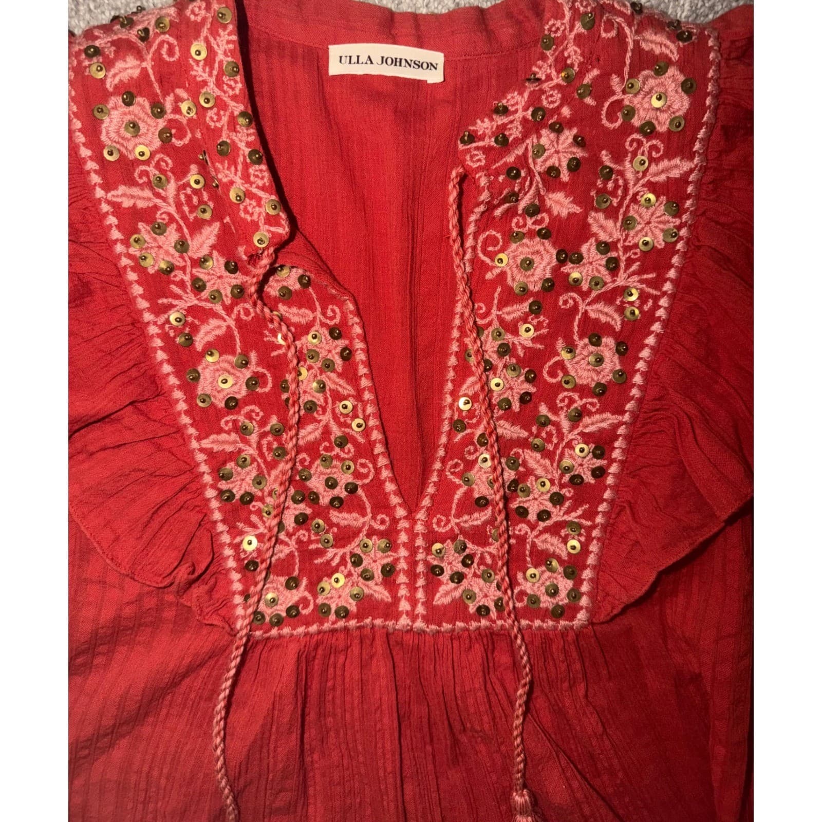 Ulla Johnson Embroidered Flutter Sleeve Top/Dress Sz 2 Gold Sequin Tassel boho - Thumbnail 5