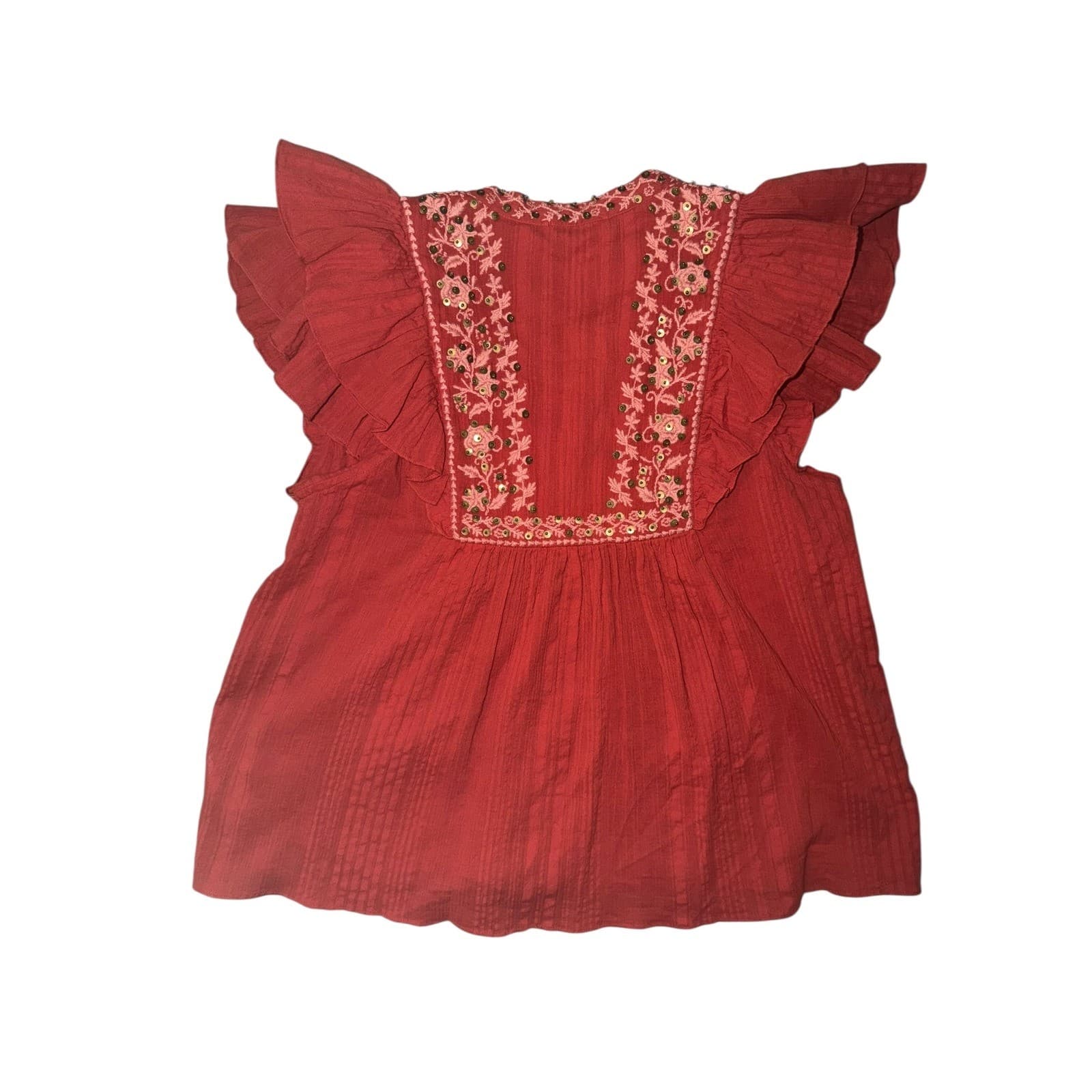 Ulla Johnson Embroidered Flutter Sleeve Top/Dress Sz 2 Gold Sequin Tassel boho - Thumbnail 2