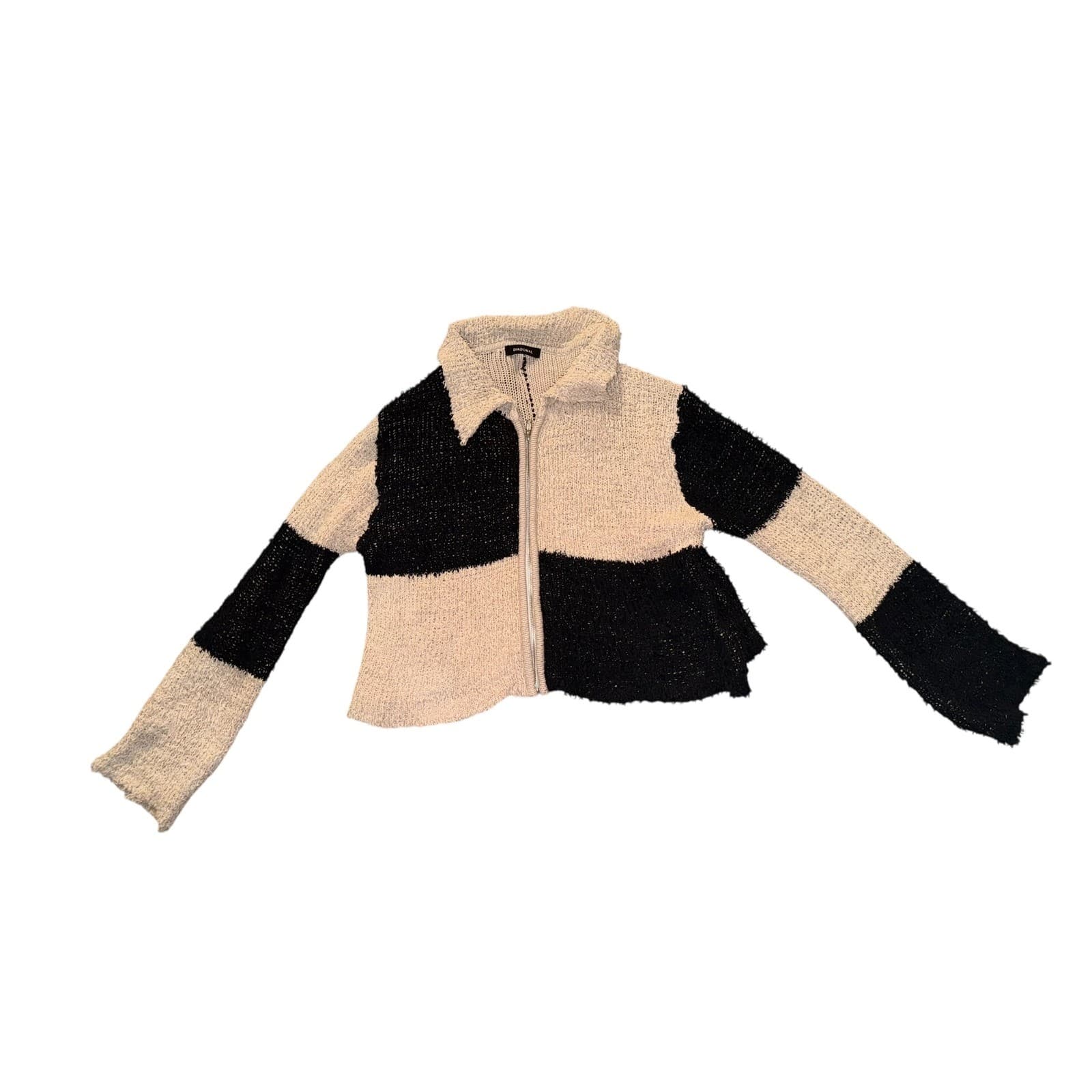 Diagonal Pluffy Block Zip Up Jacket Black Tan Sz M/L Cotton Boho Light Academia - Thumbnail 3