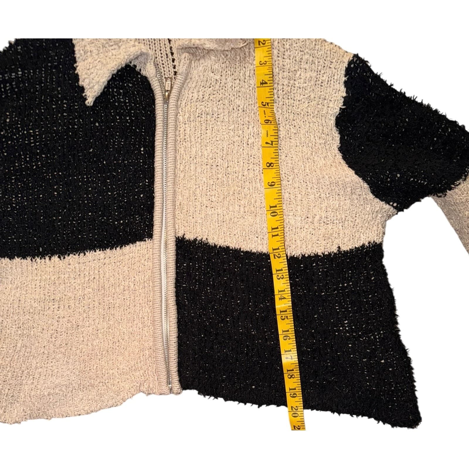 Diagonal Pluffy Block Zip Up Jacket Black Tan Sz M/L Cotton Boho Light Academia - Thumbnail 6