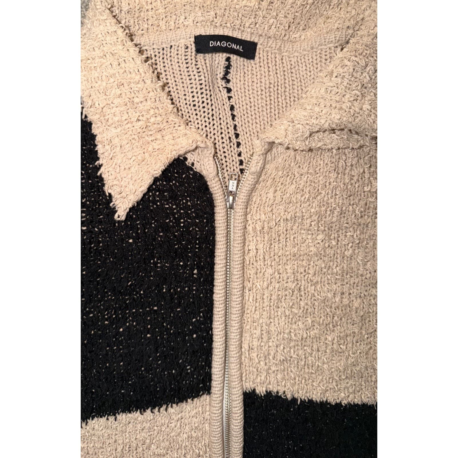 Diagonal Pluffy Block Zip Up Jacket Black Tan Sz M/L Cotton Boho Light Academia - Thumbnail 10