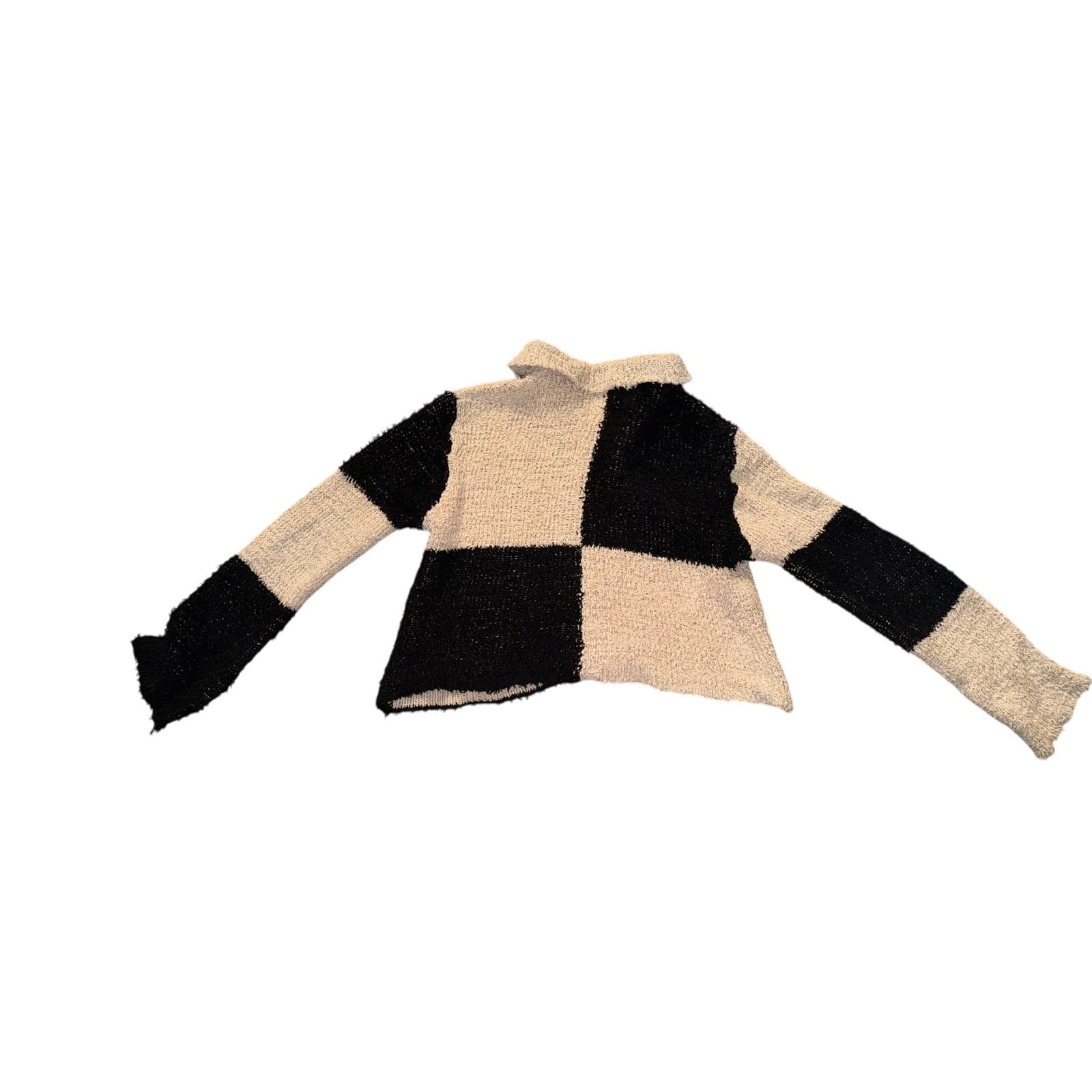 Diagonal Pluffy Block Zip Up Jacket Black Tan Sz M/L Cotton Boho Light Academia - Thumbnail 4
