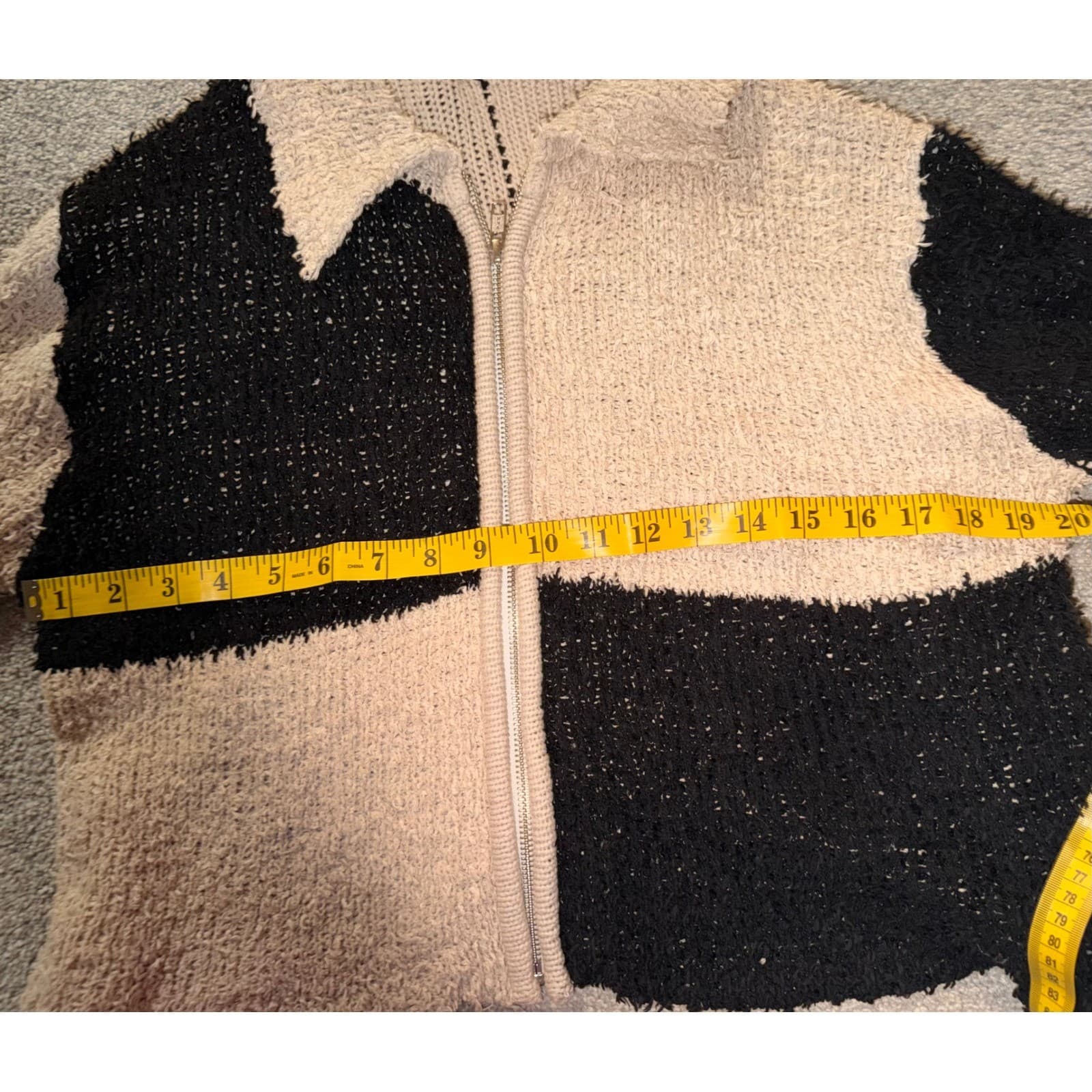 Diagonal Pluffy Block Zip Up Jacket Black Tan Sz M/L Cotton Boho Light Academia - Thumbnail 7