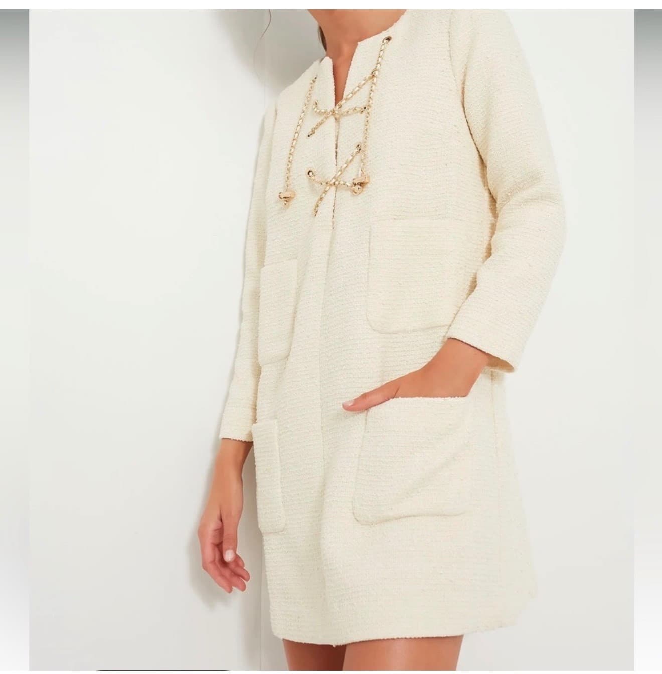 Tuckernuck Blanc Ivory Tweed Tie Mini Dress Sz M Luxury Chic - Thumbnail 2