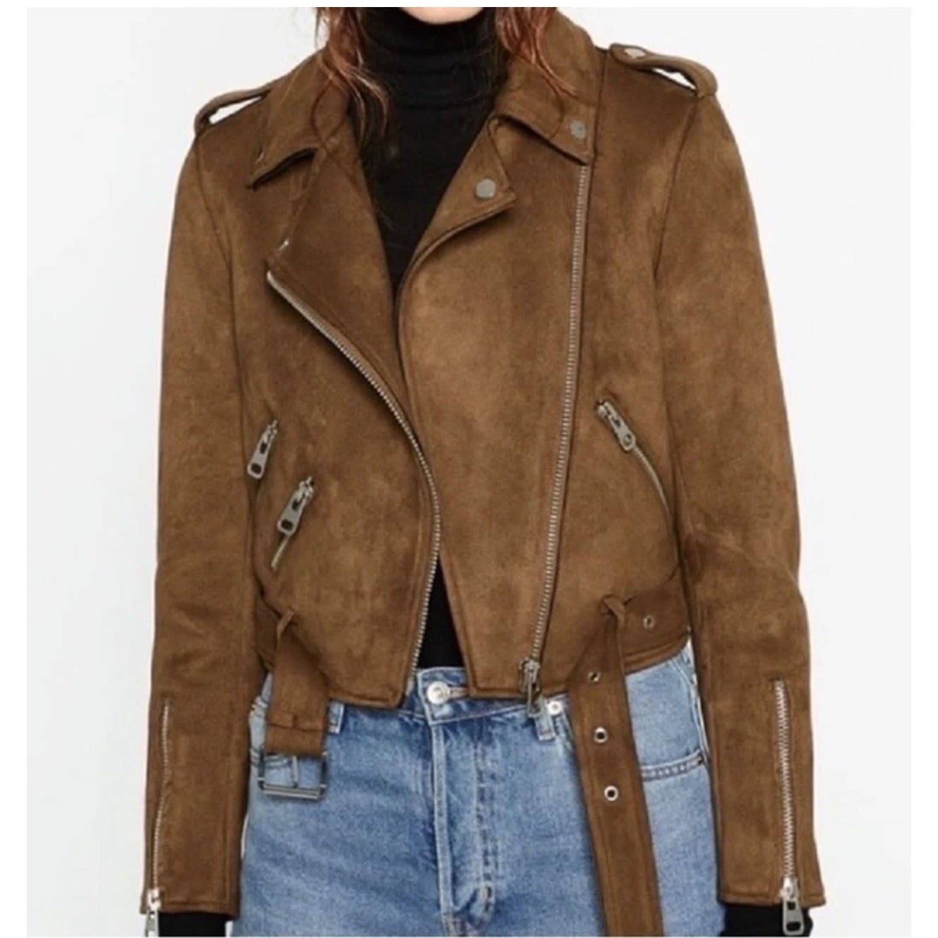 ZARA Brown Khaki Cropped Suede Effect Moto Jacket Sz XS Aviator Biker Boho - Thumbnail 2