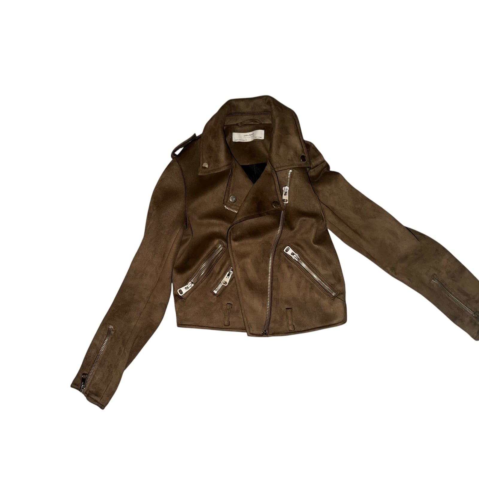 ZARA Brown Khaki Cropped Suede Effect Moto Jacket Sz XS Aviator Biker Boho - Thumbnail 4